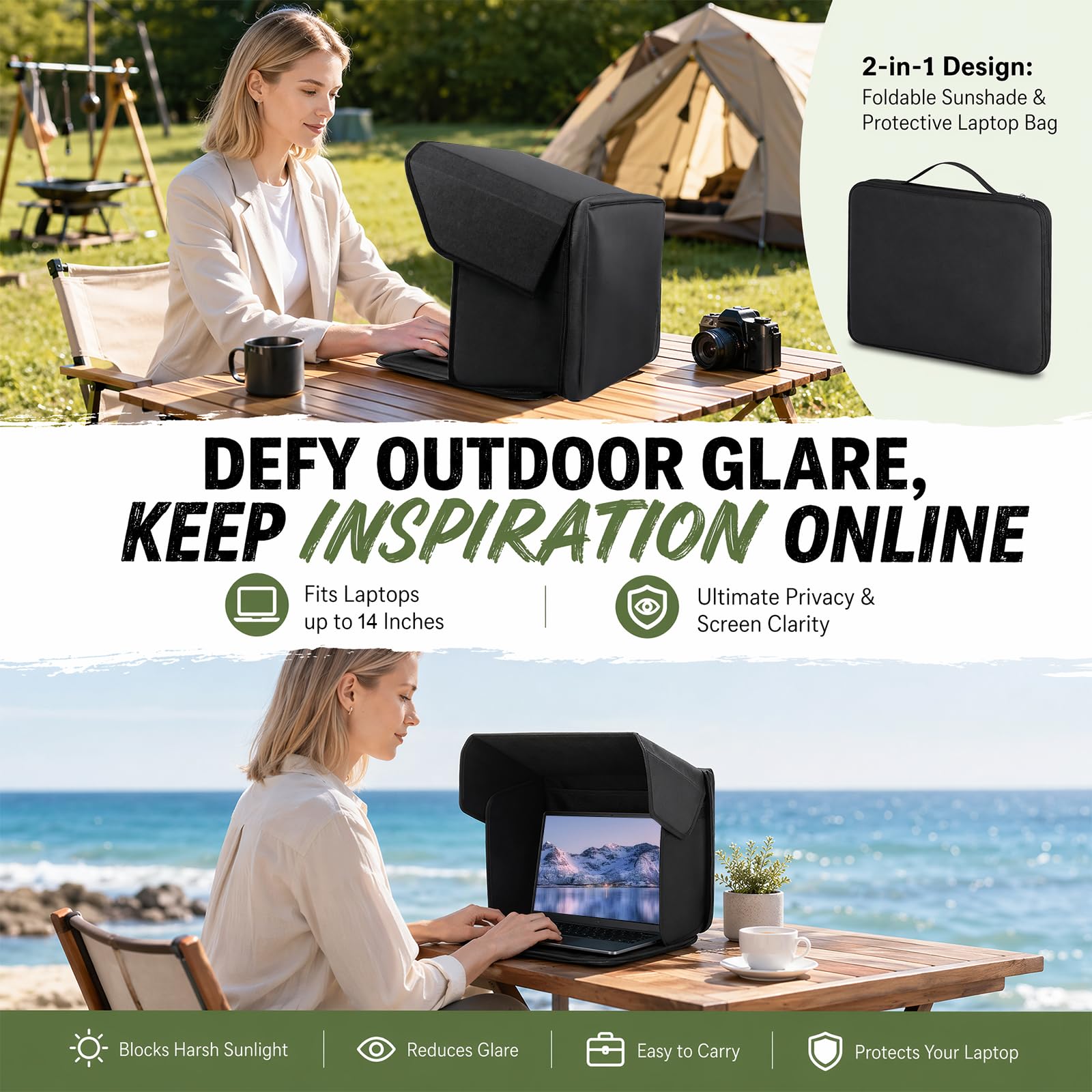 DASIAUTOEM Universal Laptop Sonnenschutz, Klappbare 2-in-1 Laptoptasche, Sonnenschutz Blendschutz UV-Schutz für Outdoor Arbeit mit Rutschfesten Clips Kompatibel mit für 12-16 Zoll Laptop (12-14in)