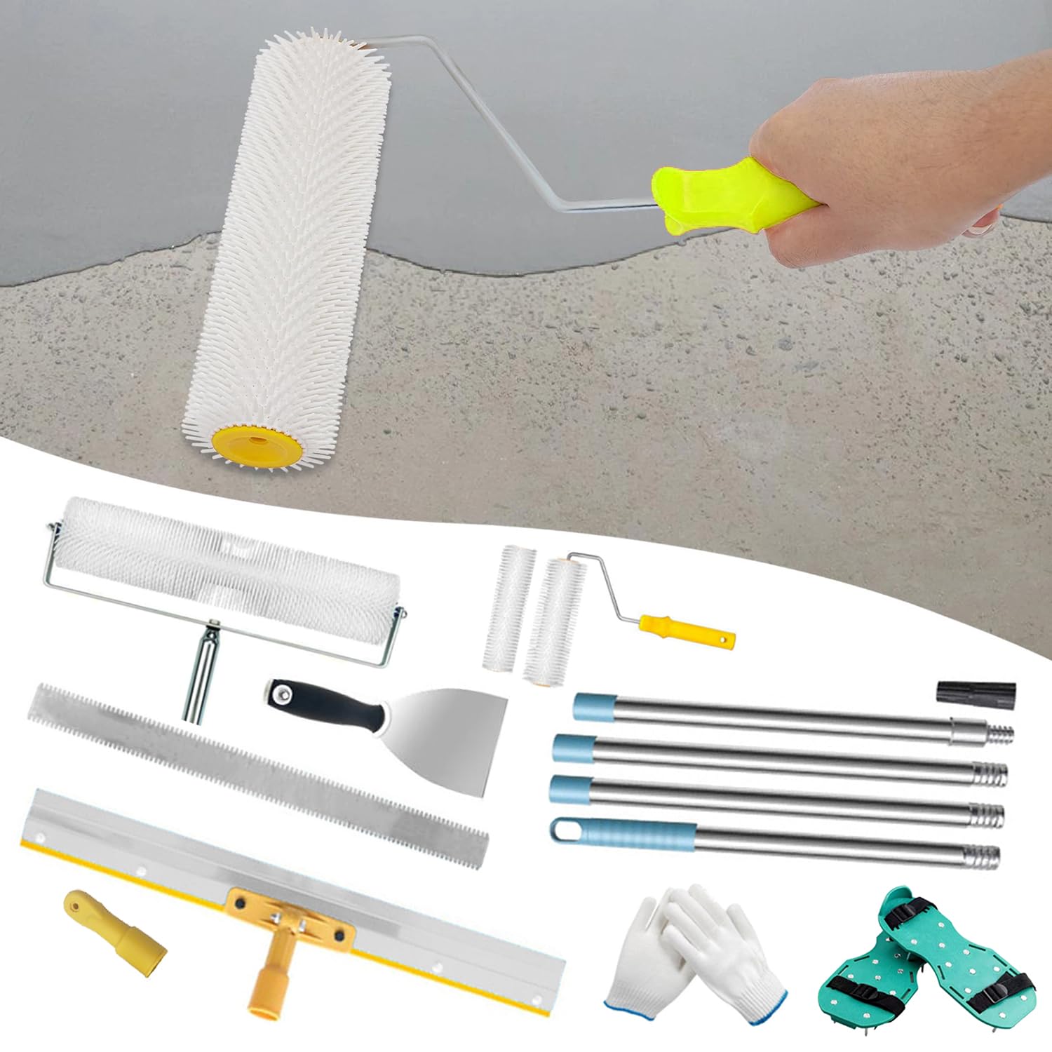 Kit De Herramientas De Autonivelación De Cemento,Palo Telescopico Limpieza 175 cm,Rodillo De Púas 13 mm,56cm y Zapatas De Clavos 30 mm,Rodillo De Pintura,Para Nivelar La Pared Del Suelo Compuesto