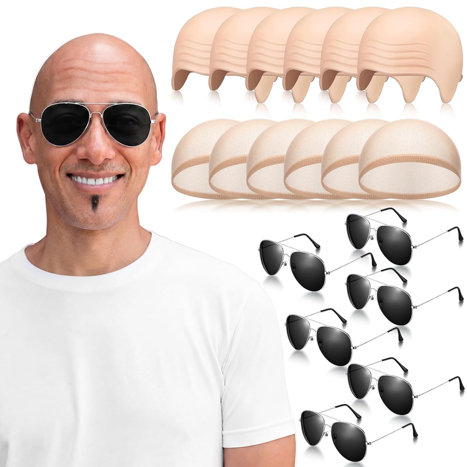 Thiccywoov 3 Pcs Bald Cap with Sunglass Set Makeup Bald Wig Cap Halloween Cosplay Party Costume Accessories for Men Women Adults
