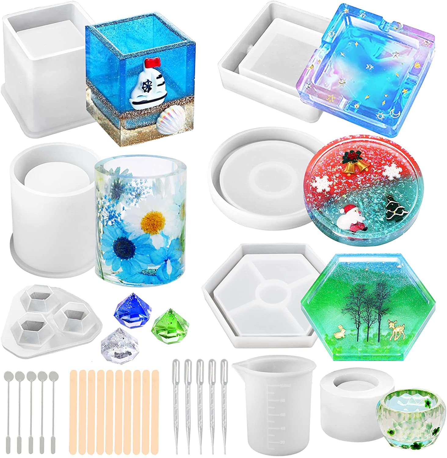 Minta 28 PCS Epoxy Resin Molds, Silicone Coaster Ashtray Molds, DIY Art Crystal Diamond Plant Pot Pen Candle Soap Holder Molds, Suitable for handcrafts, for Resin Casting, Easy To Release And Clean