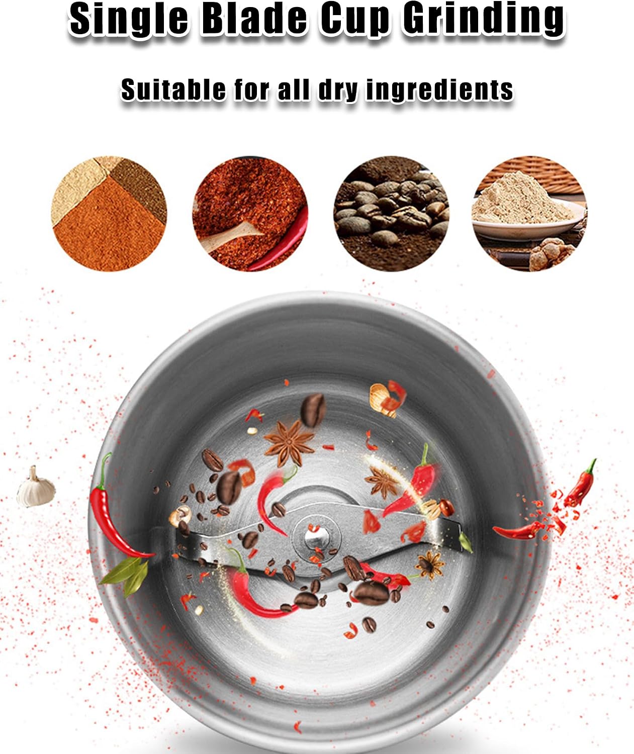 Electric Multi-Use Cup Grinder, electric Coffee Blade Grinders, Removable Cup, Stainless Steel (Double blade cup,US Standard)