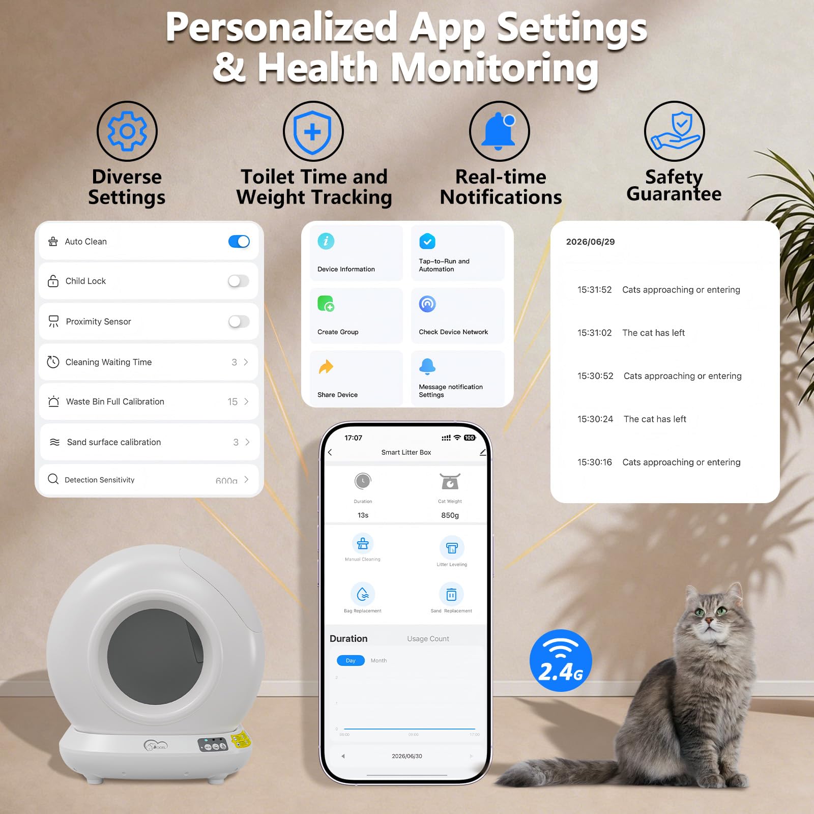 DOEL Lettiera intelligente All-in-One per la pulizia automatica | 78 l, grande capacità, bidone della spazzatura indipendente, controllo tramite app, basso rumore, adatto per famiglie con più