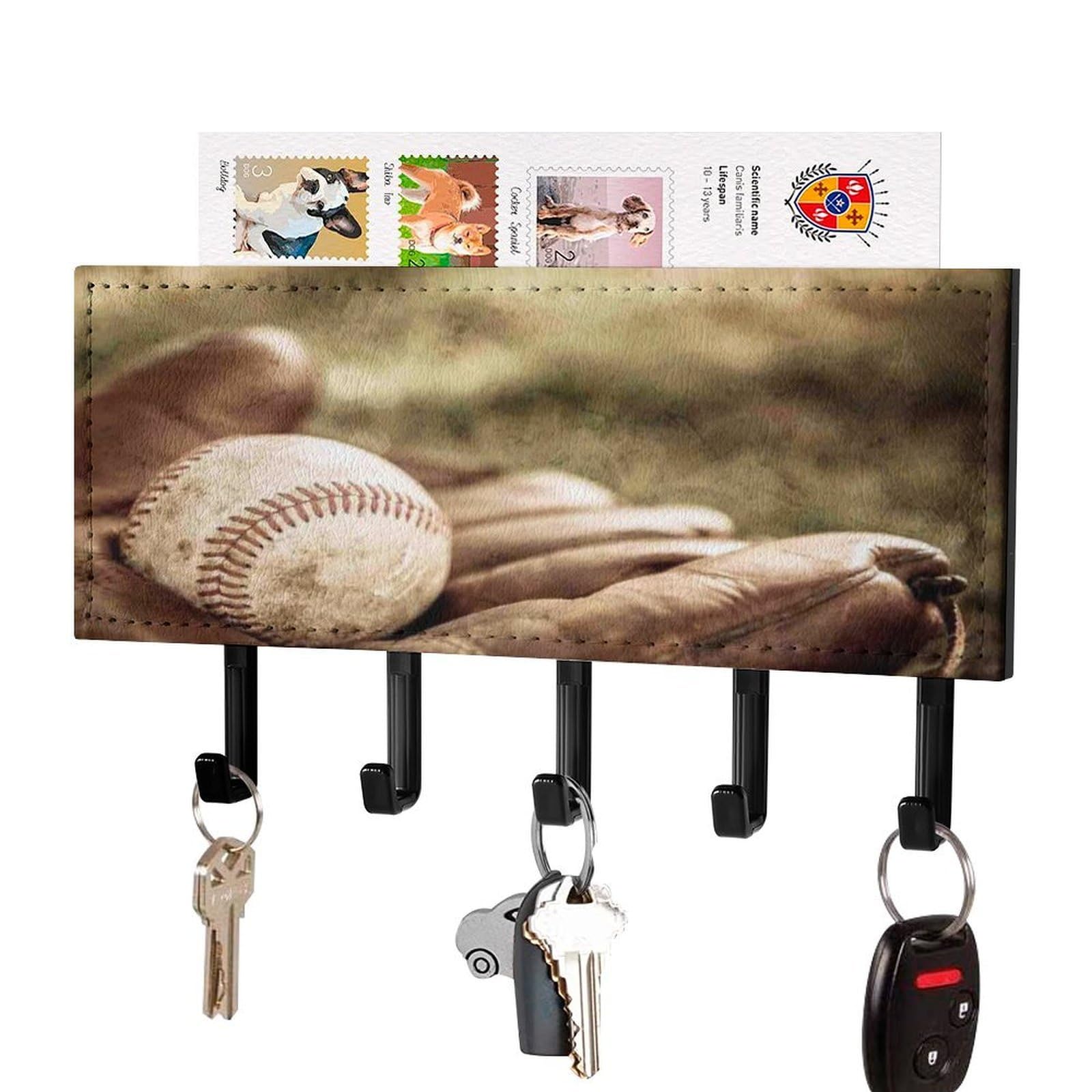 NCLQVJXZKHW Retro Baseball Key Holder with 5 Hooks Key Hooks Wall Mounted Key Racks Key Hanger Organiser Shelf