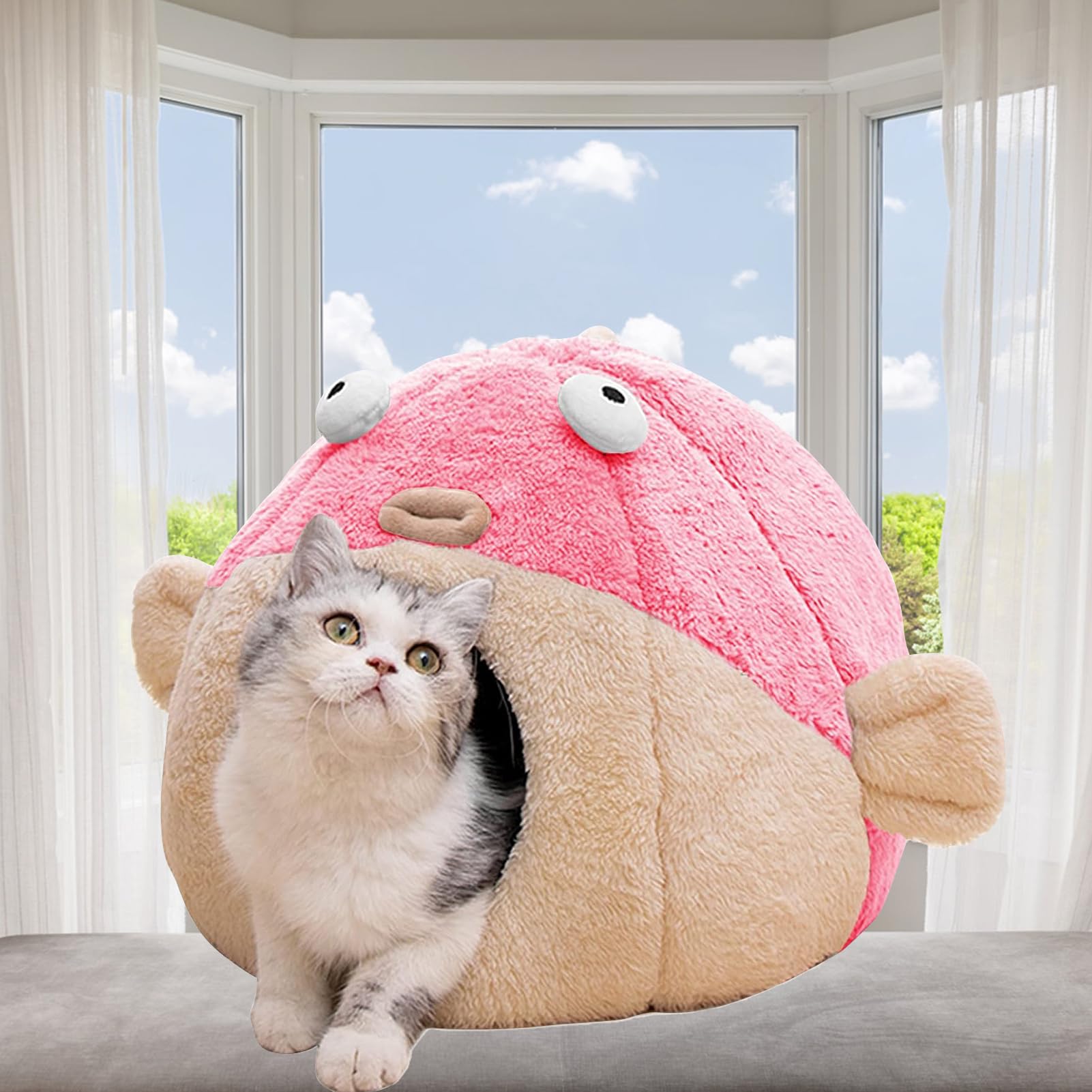 Cat Beds for Indoor Cats-19.7''Cute Pufferfish Larger Cat Cave Bed,Pink XL