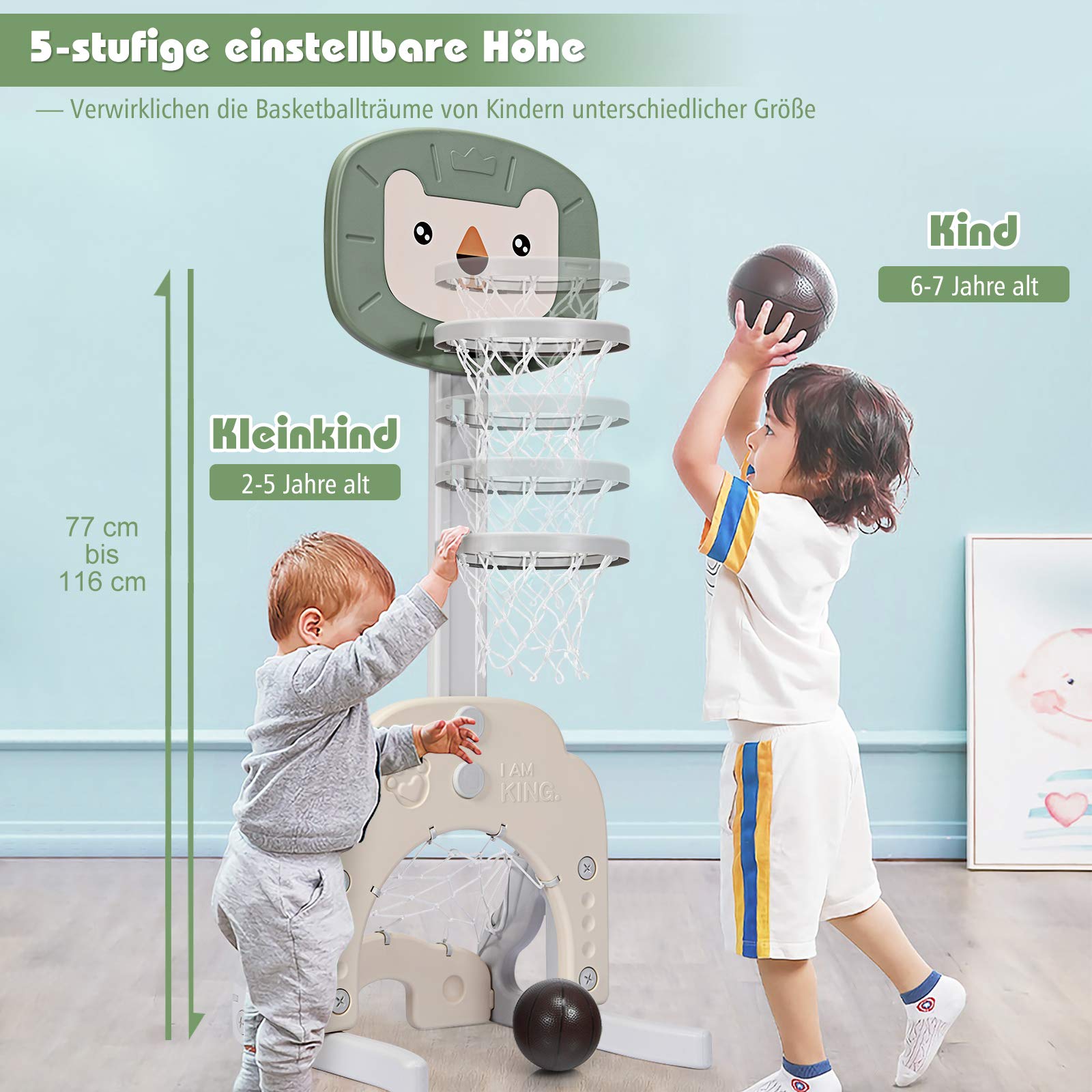 DREAMADE Mini Basketballkorb Kinder, 77-116 cm höhenverstellbarer Basketballständer mit Fußballkorb & Golf inkl. Bälle & Golf, 3 in 1 Indoor Spielplatz für Kleinkinder ab 3 Jahren (Grün)