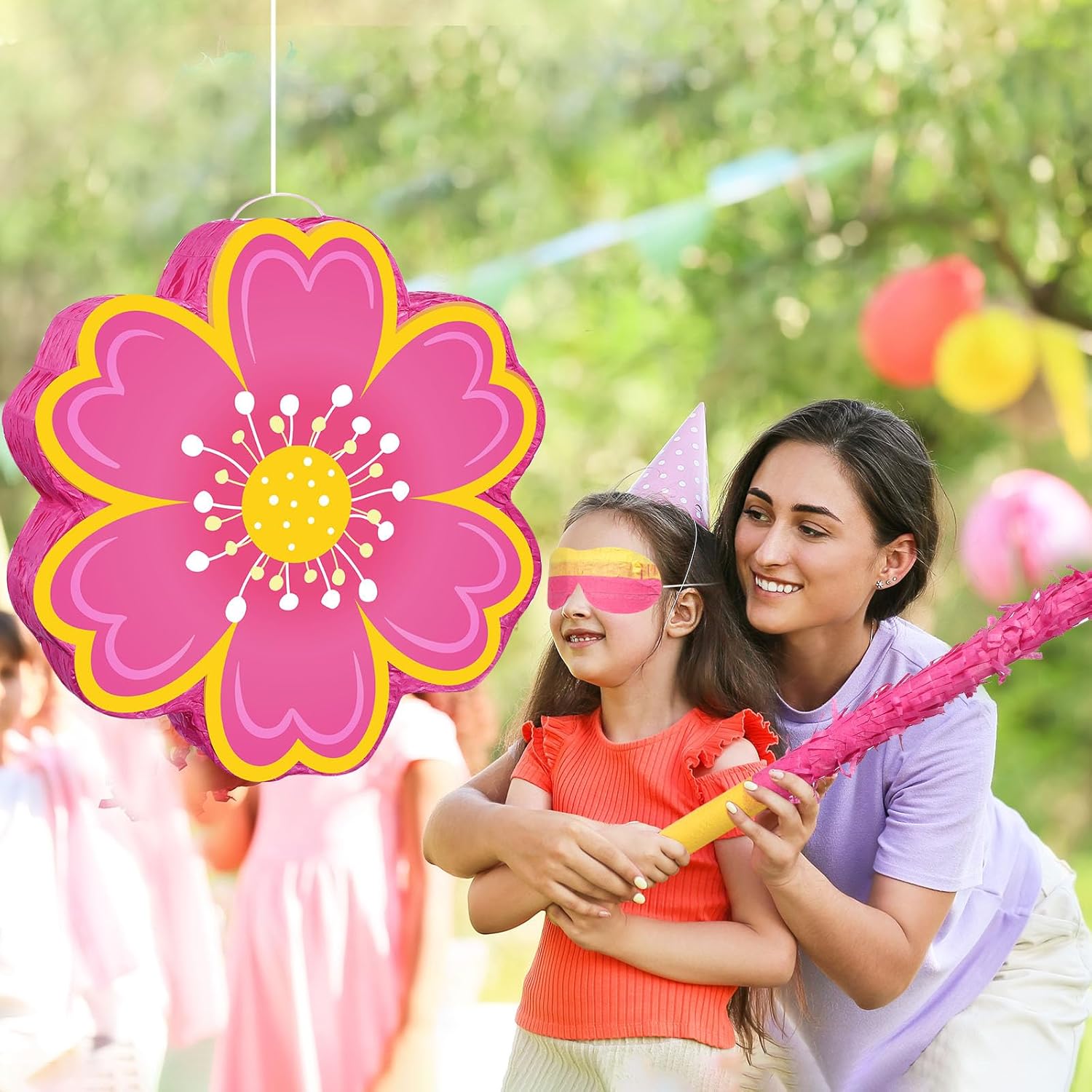 Aoriher Daisy Flower Piñata Set with Blindfold and Bat Pink Flower Piñata Daisy Hippie Boho Game for Birthday Baby Shower Gender Reveal Wedding Floral Party Supplies Decorations (Pink Flowers)