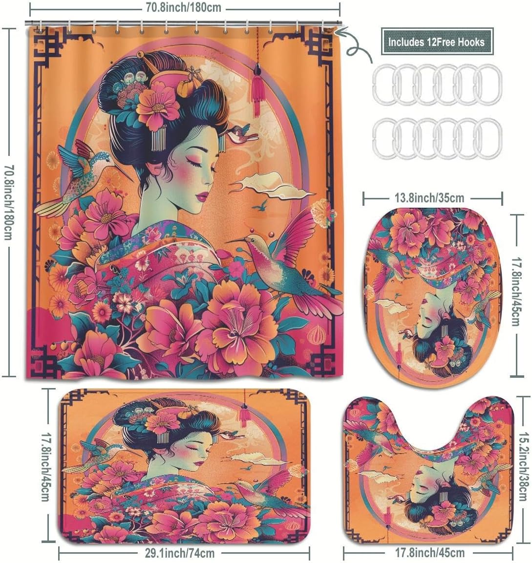 Japanese Geisha Bathroom Set, 4-Piece with Shower Curtain 71x71, Bath Mat, Contour Rug, Toilet Lid Cover, Orange Floral Design