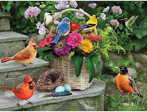 Bits and Pieces - Rompecabezas de 1000 piezas para adultos - Pájaros en los escalones del porche - Rompecabezas de flores de 1000 piezas por Greg Bits and Pieces - Rompecabezas de 1000 piezas para adultos - Pájaros en los escalones del porche - Rompecabezas de flores de 1000 piezas por Greg