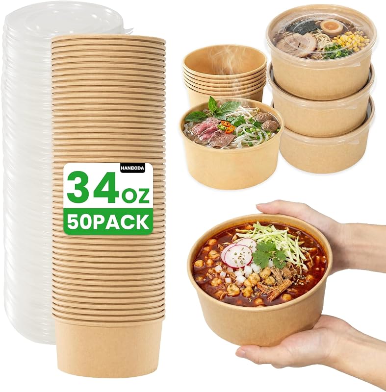 34 oz Paper Bowls with Lids, 50 Count Disposable Meal Prep Containers | Disposable Soup Bowls for Ramen and Takeout, Microwave-Safe Paper Food Containers with Lids for Meal Prep and Food Storage