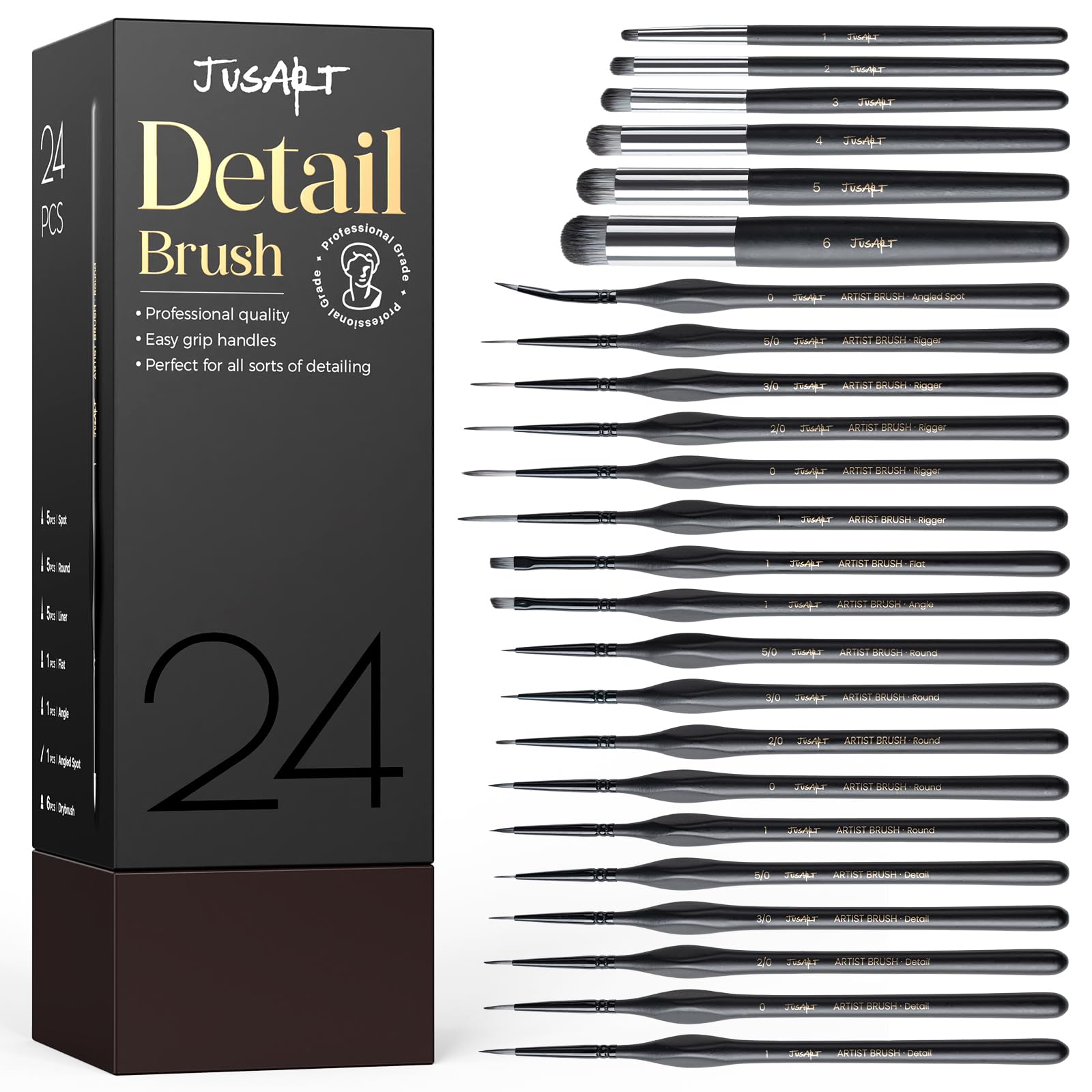 JusArt 24-Piece Detail Paint Brush Set, Miniature Paint Brushes for Models, Acrylic Oil Watercolor, Professional Fine Detail Brushes for Adults & Miniature Painters
