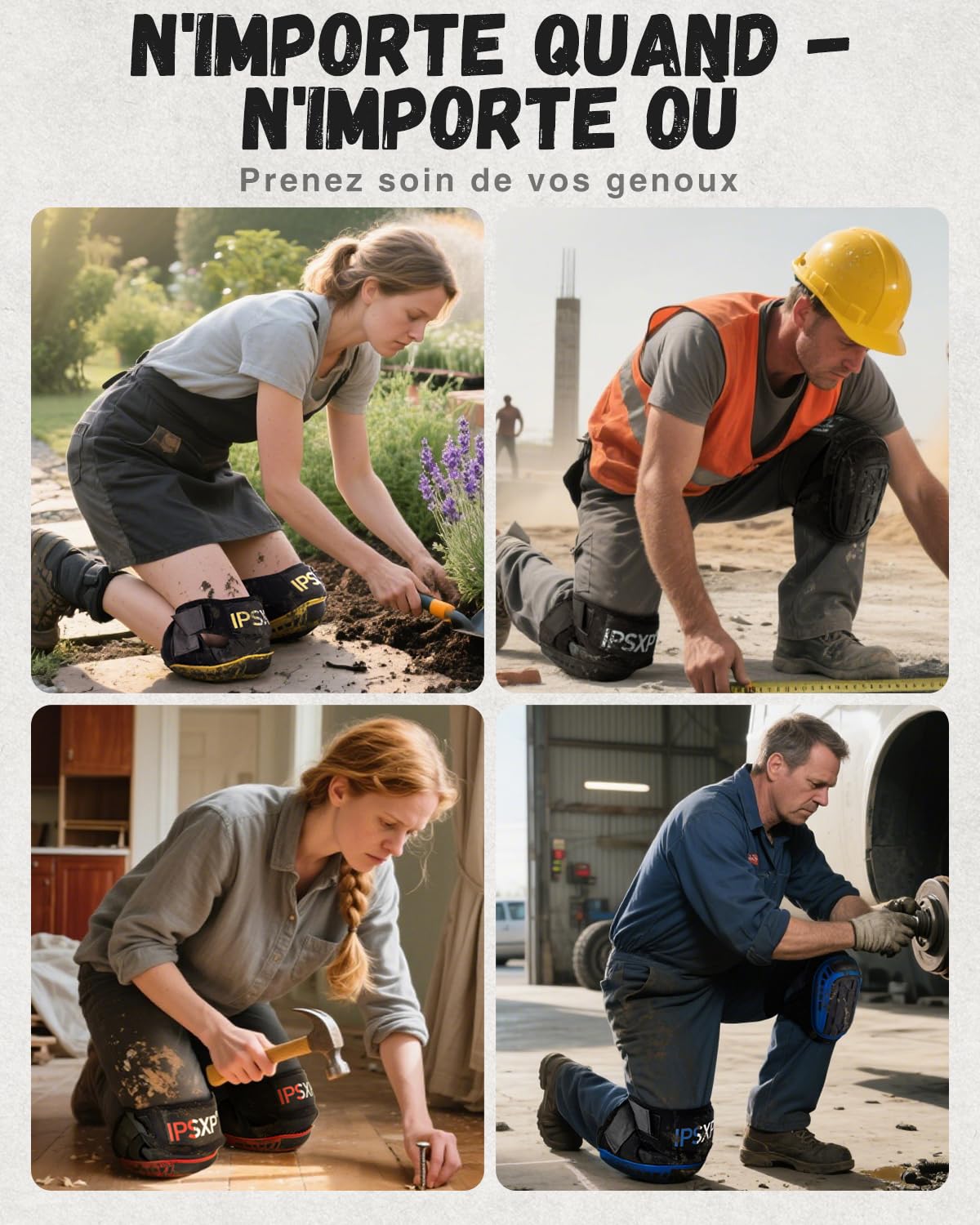 IPSXP Genouillères Professionnelles pour le Travail, Genouillère Carreleur, Jardinage et Construction, avec Double Coussin en Gel Épais et Sangles Antidérapantes Réglables 1 Paire