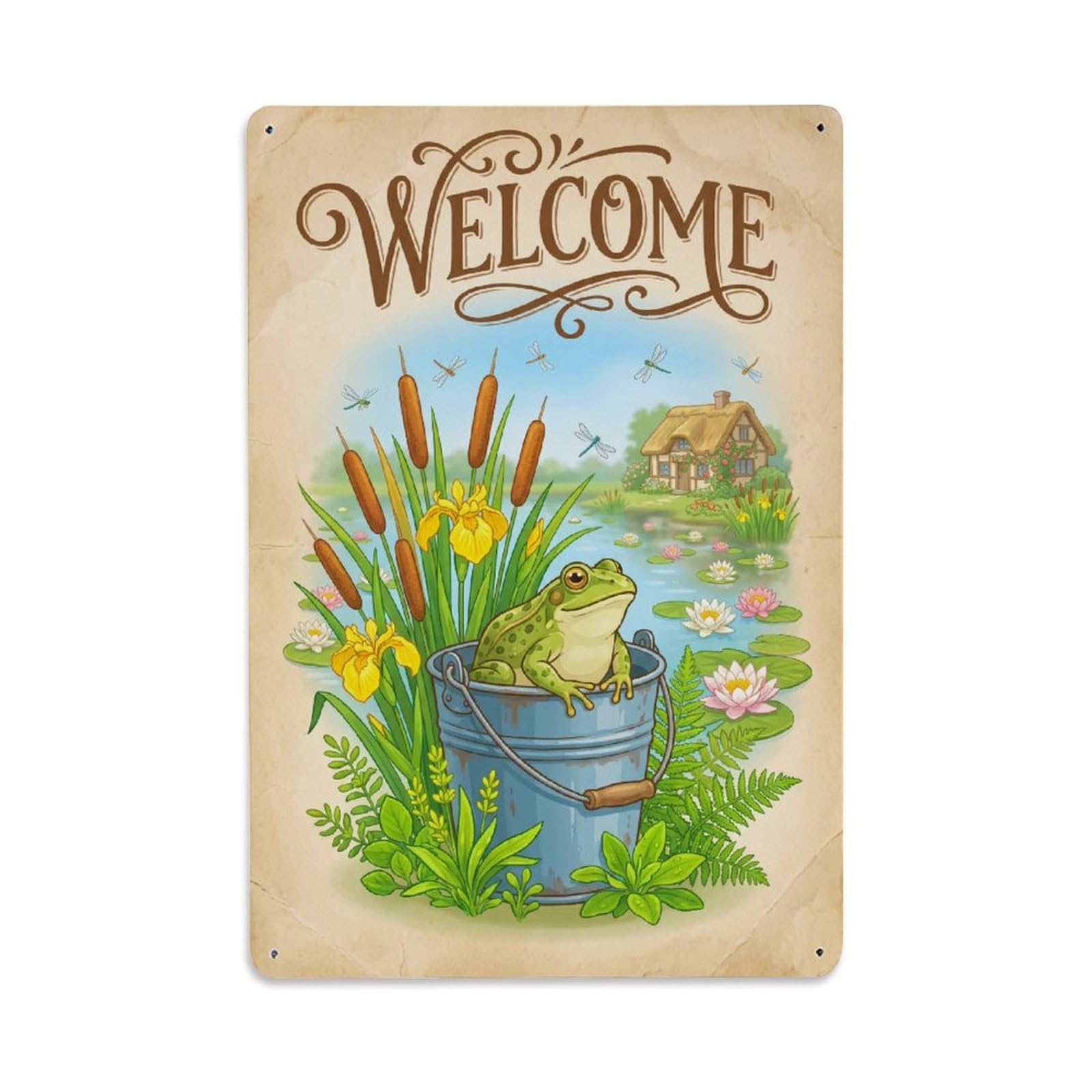 Vintage Welcome Frog Cozy Corner Metal Tin Sign