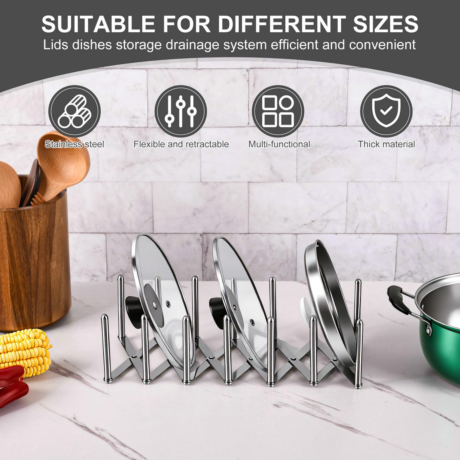 Astero Organizador retráctil de acero inoxidable para tapa de olla, estante ajustable para gabinete o encimera, almacenamiento de cocina que ahorra espacio para tapas, platos y utensilios de cocina