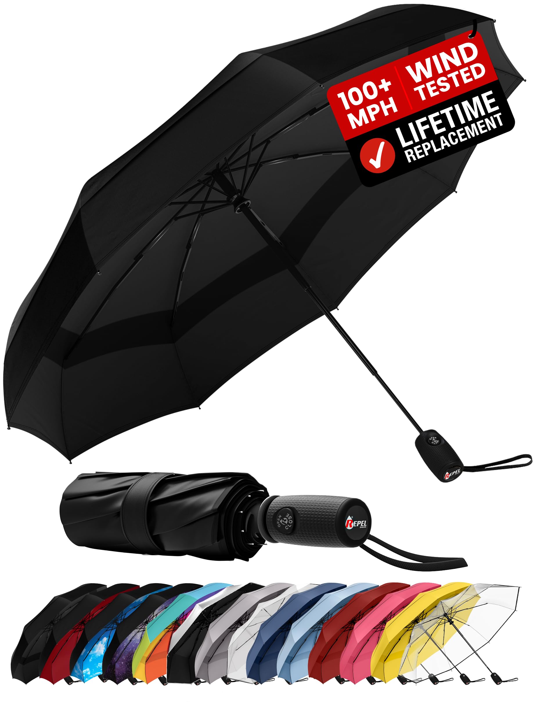 Photo 1 of Repel Windproof Travel Umbrella - Compact & Withstands Winds up to 100MPH, Strongest Premium Auto Folding Umbrella for Rain and Sun - Durable, Light & Portable for Women & Men, Fits Backpack & Cars
