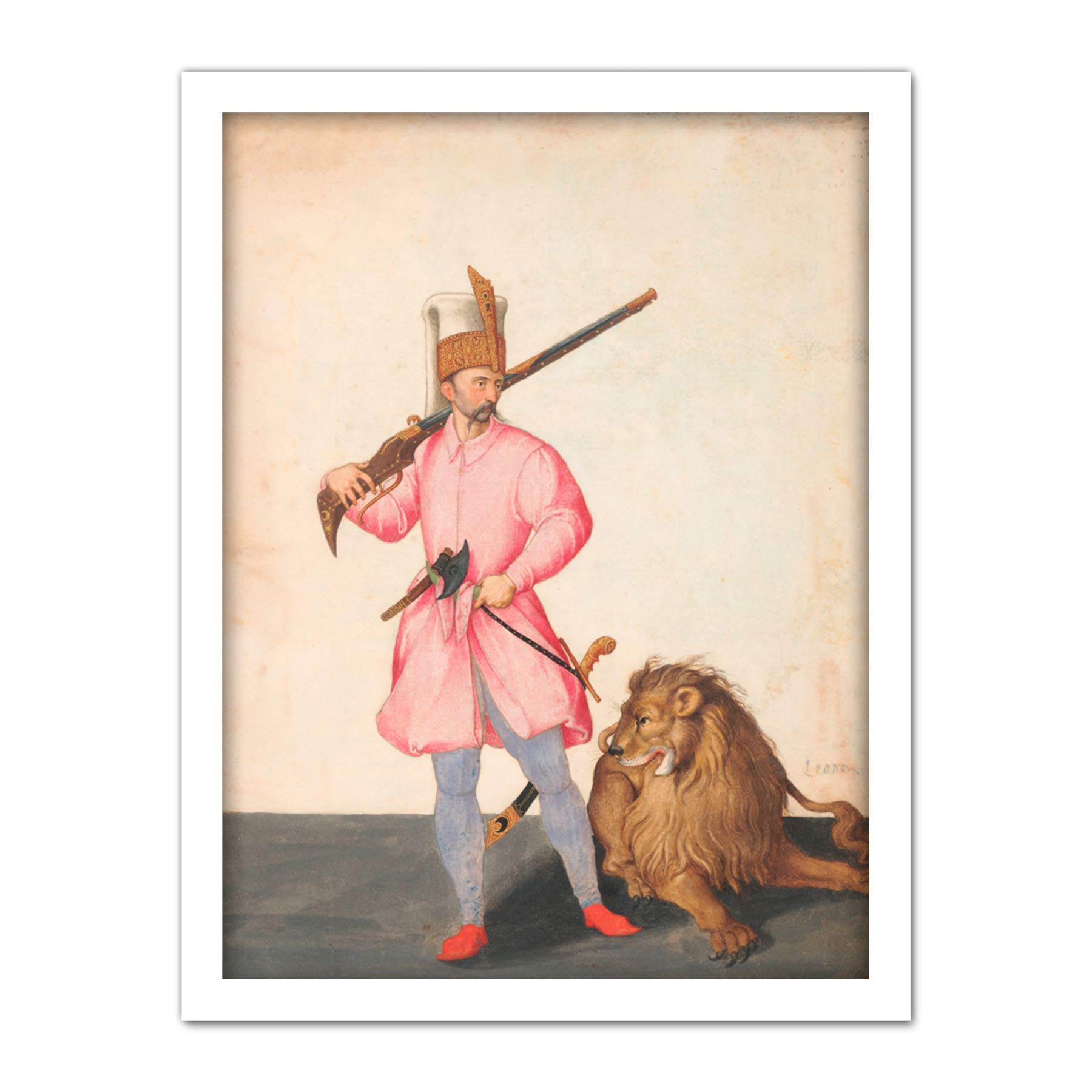 Artery8 Ligozzi Janissary Of War With Lion Ottoman Soldier Artwork Framed Wall Art Print 18X24 Inch