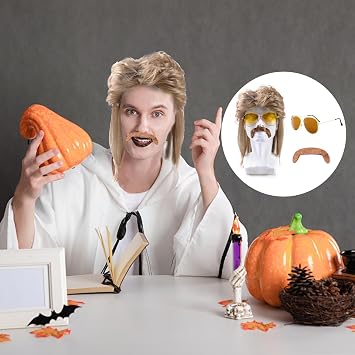 Bettinay Brown Mullet Wigs for Men, 3 Piece Set 70s 80s Mens Wig for Fashion Halloween Costume Fancy Party Accessories