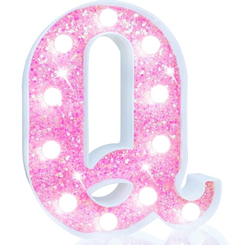 Pooqla LED Marquee Letter Lights, Light Up Pink Letters Glitter Letter Sign for Girls Gifts, Battery Powered for Night Light Birthday Party Wedding Home Bar Christmas Decoration, Cool White Pink Q - Cool White - Letter Q
