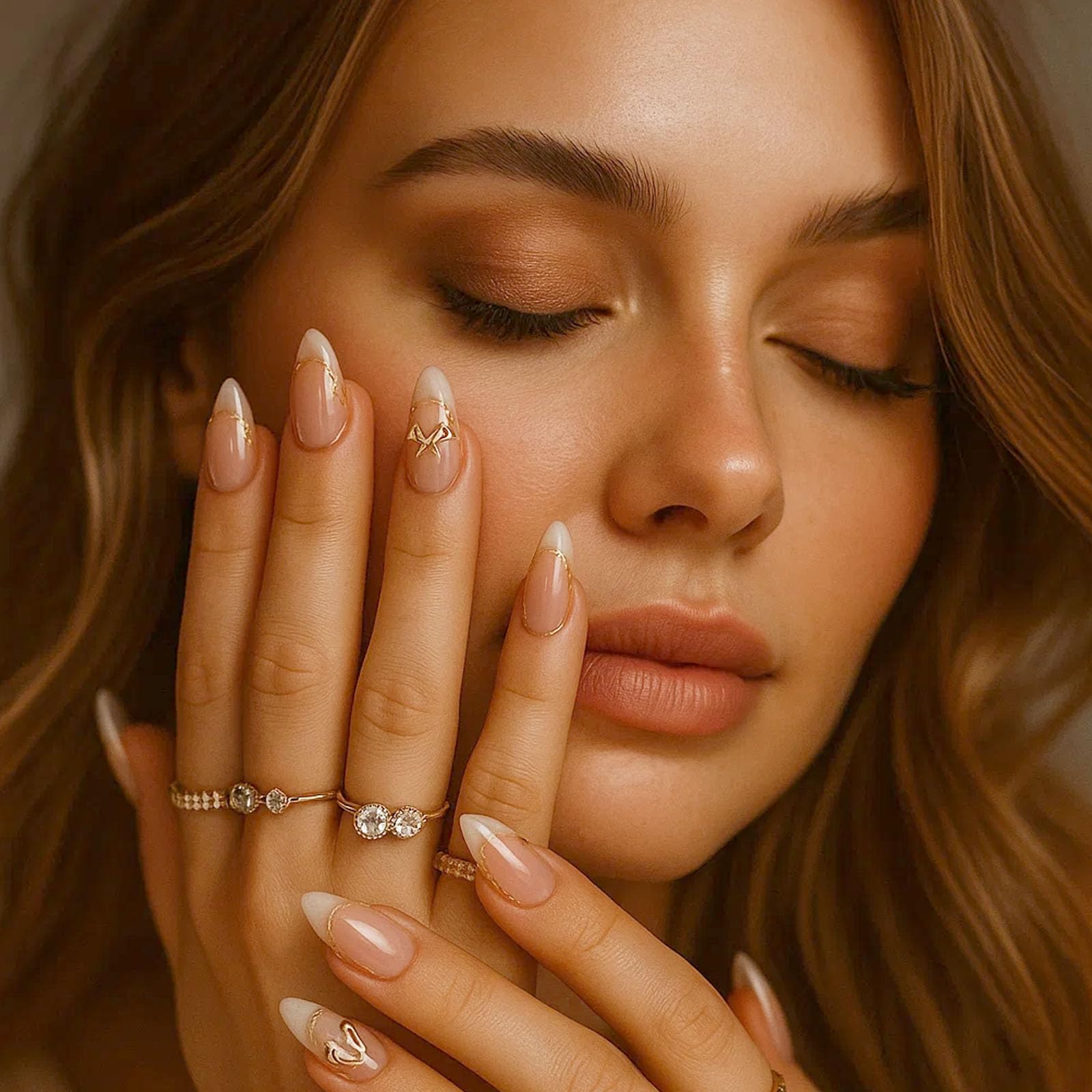 Almond Stiletto French Press-On Nails, Glossy Nude To White Gradient With Gold Bow & Line Detailing - Image 4