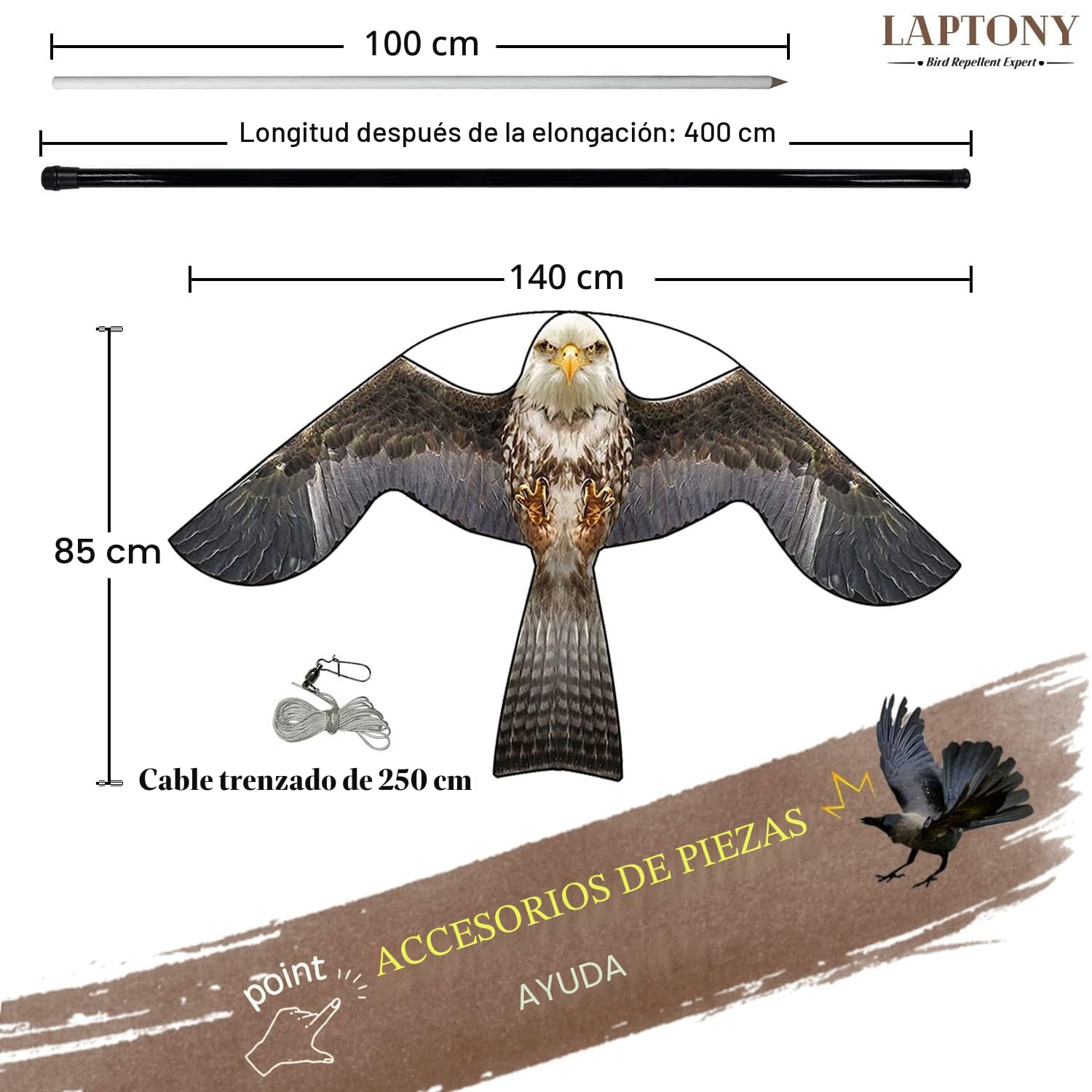 espantapájaros Cometa voladora Cultivos Protector de Aves halcón Cometa voladora para el jardín y la Granja Cometa con Poste telescópico de 4 m