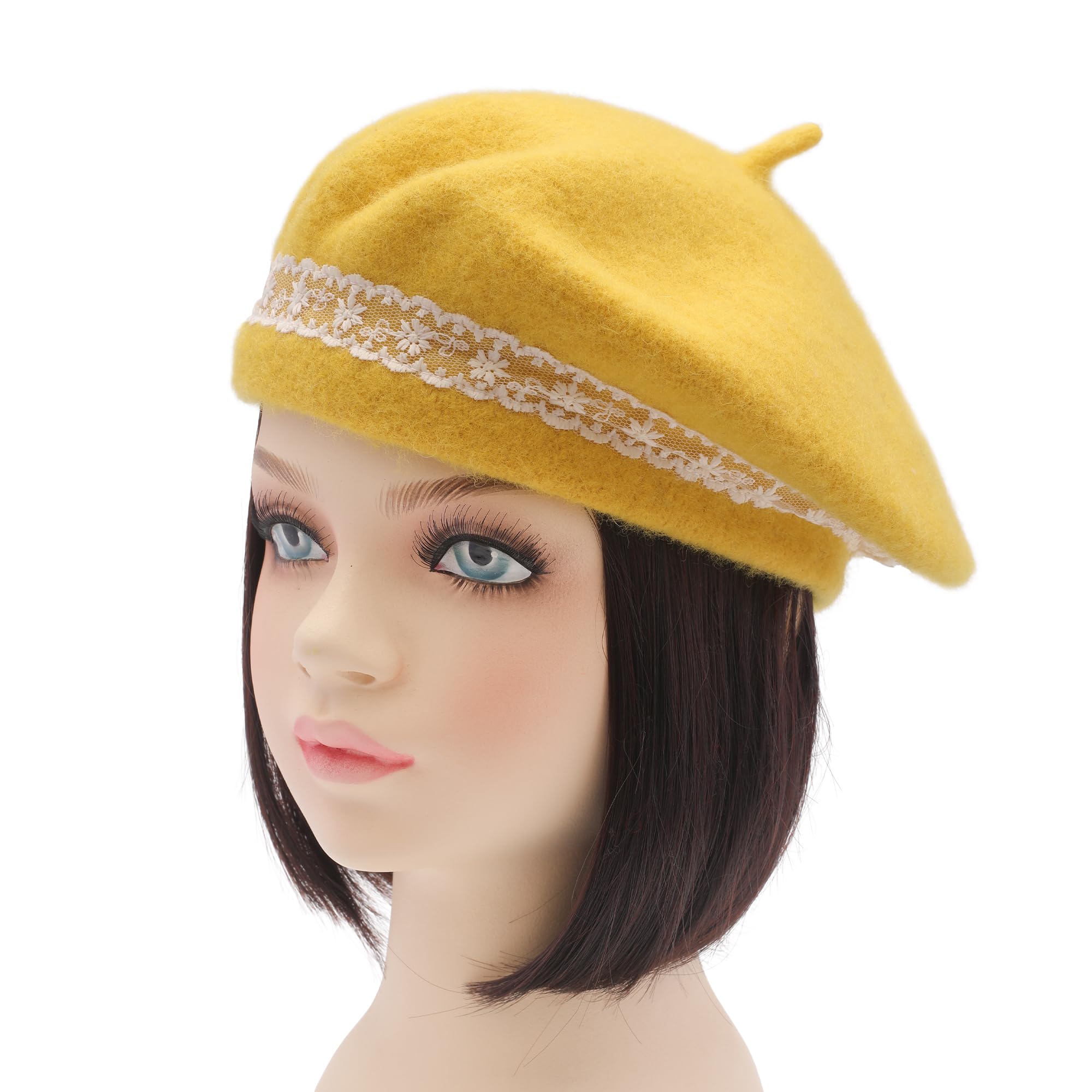 ZLYC Wool Kids Beret Hat Girls Solid Color Artist French Beret Cap(Lace Yellow),One Size - Image 2
