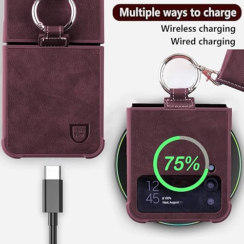 Miniatura 9 de VANAVAGY Funda tipo cartera compatible con Samsung Galaxy Z Flip 4, funda de piel con tapa RFID con soporte para muñeca, carga inalámbrica con