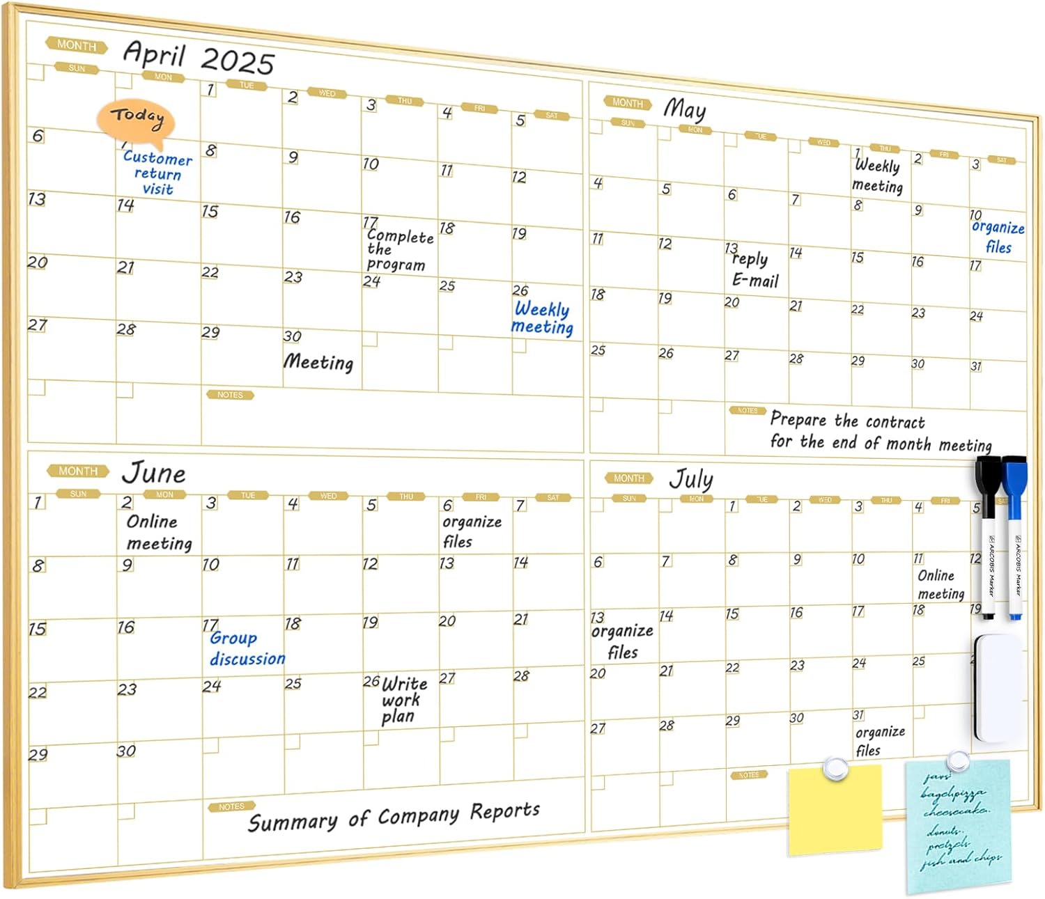 ARCOBIS Magnetic Calendar Whiteboard 36" x 24", 4 Months Dry Erase Calendar for Wall, Gold Frame White Board for Office, Home, School