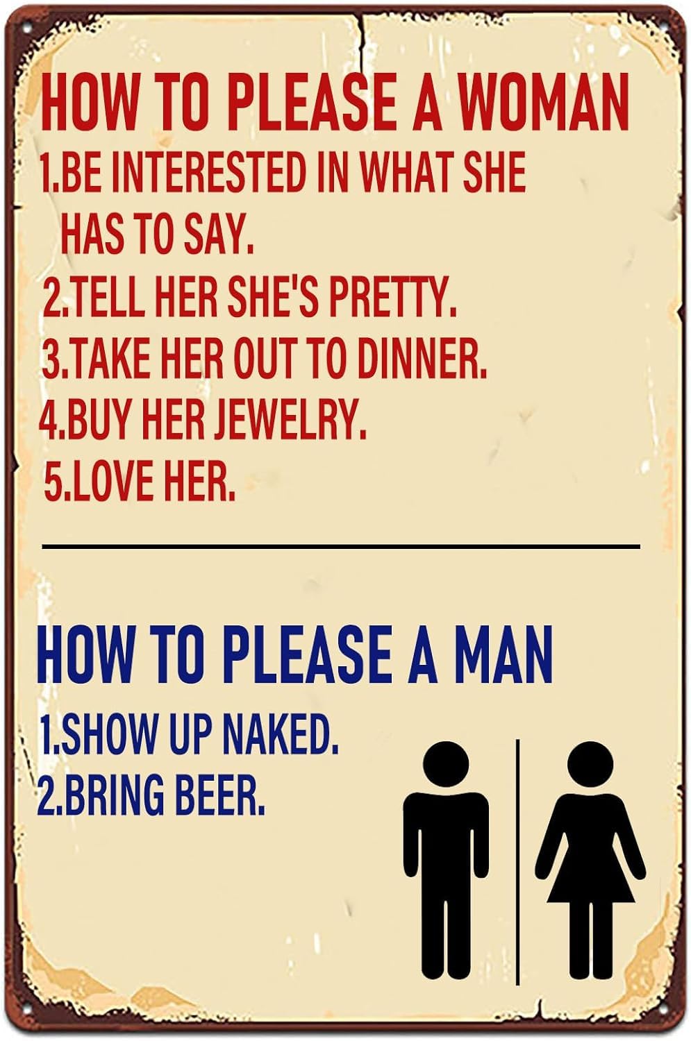 How To Please A Woman, How To Please A Man Vintage Metal Tin Sign Funny Bathroom Decor Wall Art Metal Plaque for Restroom Decor 8 X 12 Inch