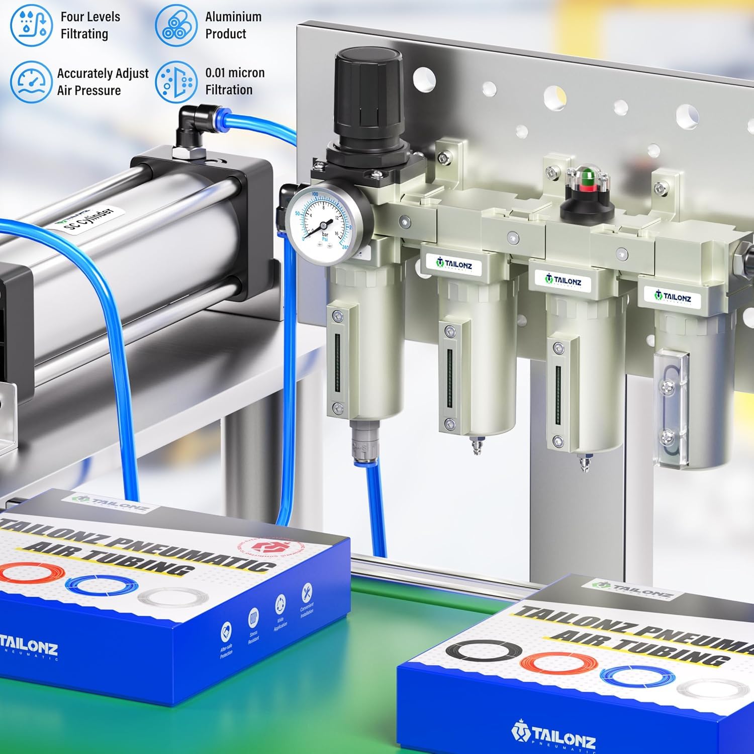 TAILONZ PNEUMATIC Sistema di asciugatura dell'aria a 4 stadi di grado industriale NPT 0-240 psi, doppio filtro antiparticolato, filtro a coalescenza, essiccatore essiccante e regolatore dell'aria