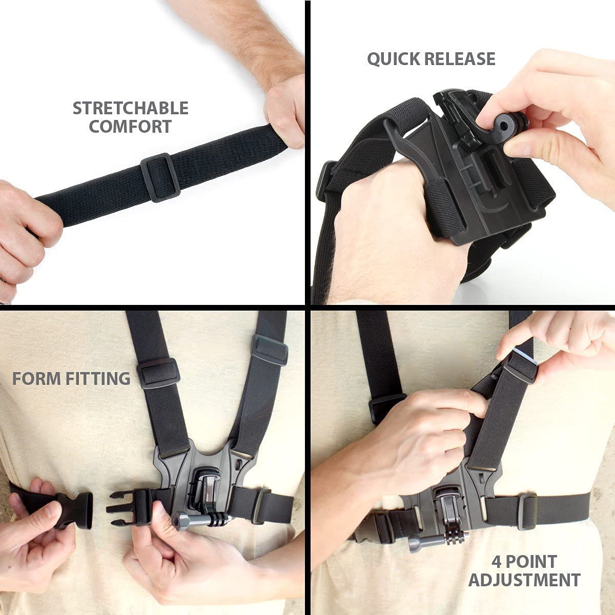 EYUVAA LABEL Camera Chest Strap Belt for Action Camera Adjustable Chest Harness Belt Mount 3 Points Elastic Stap Compatible with Gopro Hero 8/7/6,SJCAM, Yi (Black) 2