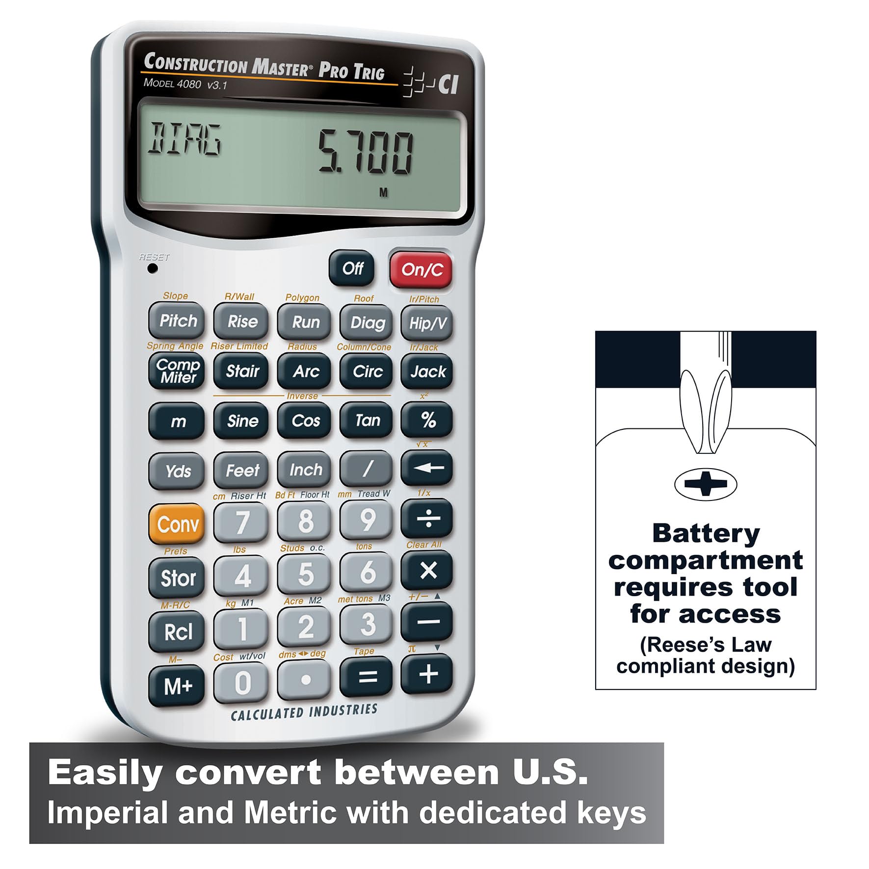 Calculated Industries 4080 Construction Master Pro Trig Calculadora Avanzada con Funciones Trigonométricas Completas, 11 Dígitos, 16 mm x 63.5 mm Pantalla