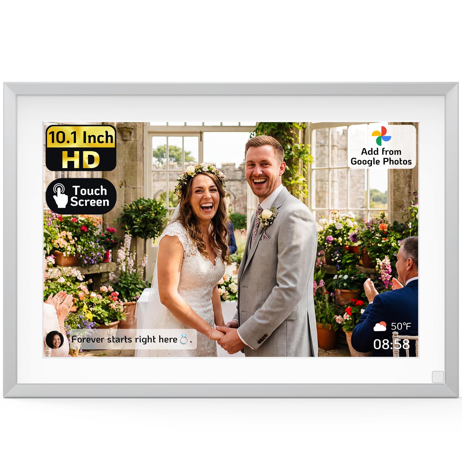 NexFoto 10.1” Digital Picture Frame 64GB, HD Touchscreen WiFi Electronic Photo Frame, Share Photos/Videos via APP/USB, Add Pics from Google Photos, Gift for Mom/Wedding/Birthday, Silver