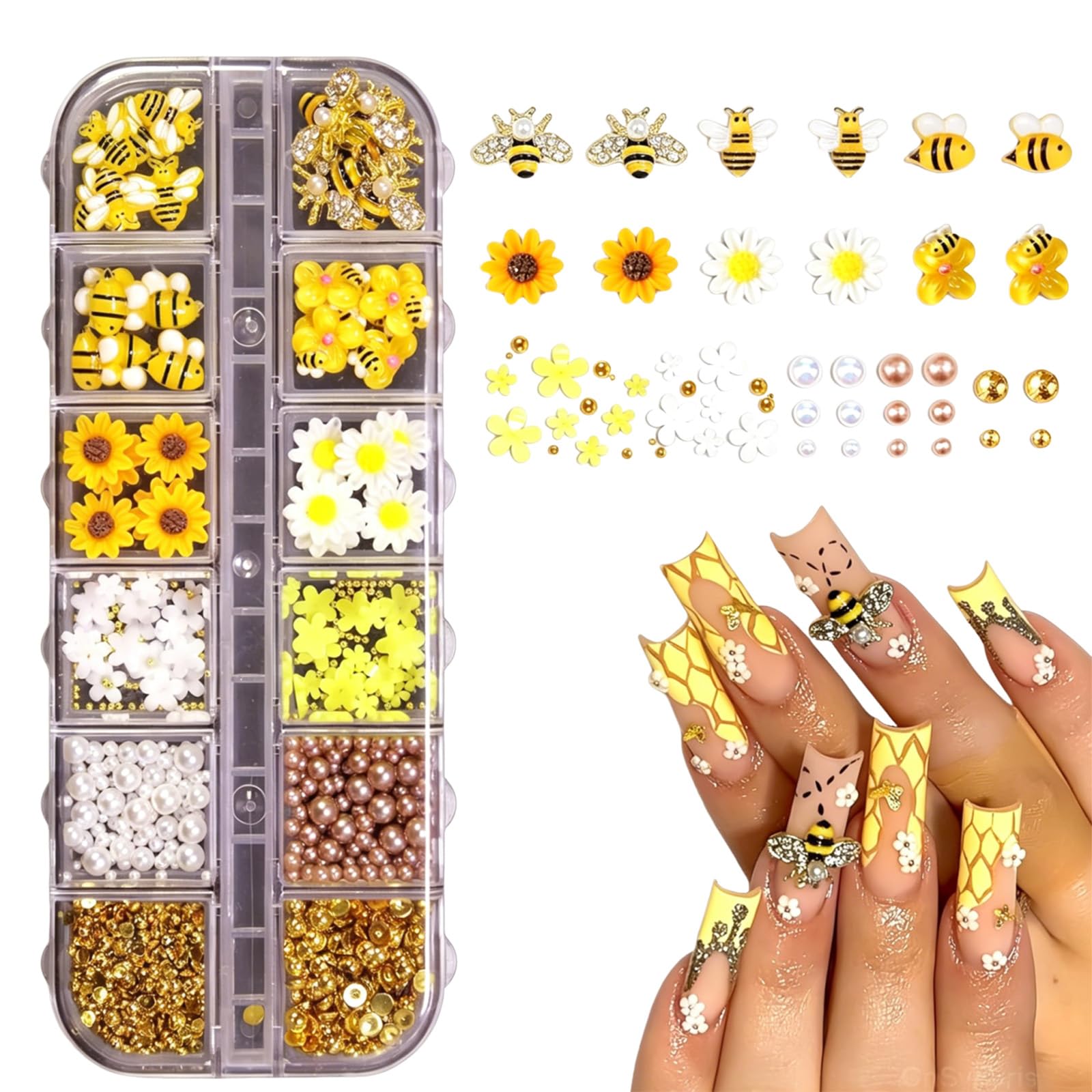 12-Grid Nail Charms Box, Resin Bee and Sunflower Rhinestones for Bedazzling and DIY Crafts-image-40