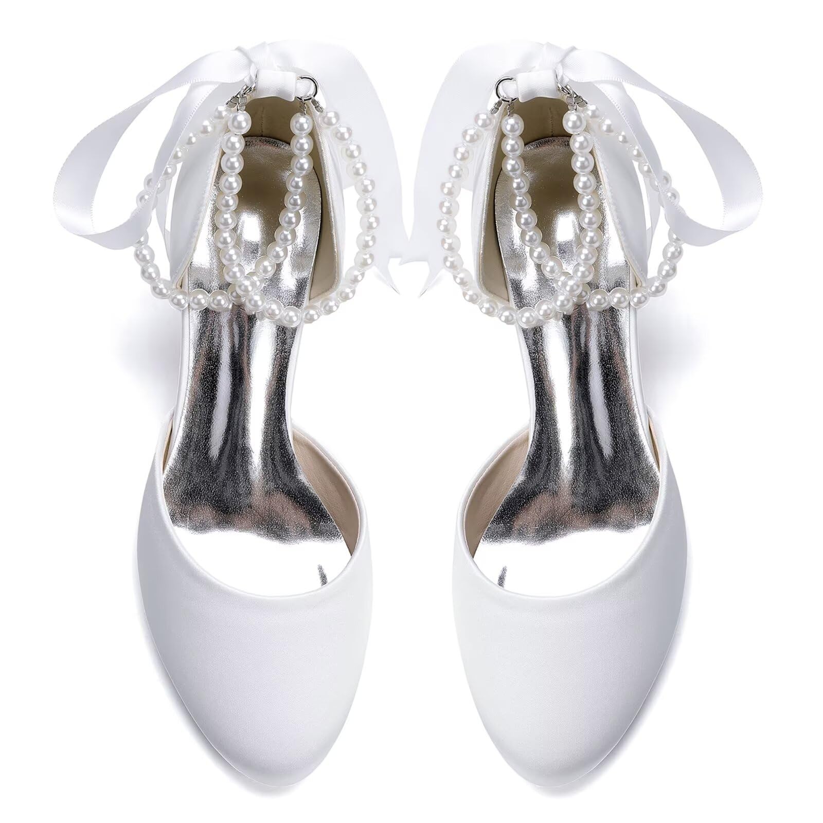 Scarpe da Matrimonio in Raso Donna Tacco Largo Basso Eleganti con Perle Punta a Tonda Scarpe da Ballo Festa Serata Cerimonia