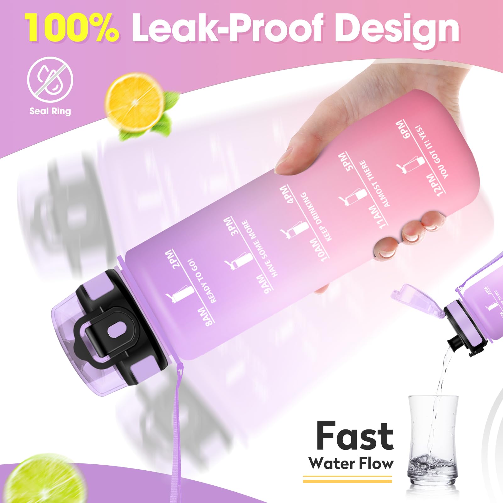 KollyKolla Borraccia 500ml, Riutilizzabile, Bottiglia con Filtro, Borraccia con Indicatore del Tempo Motivazionale senza BPA, A Prova di Perdite, ideale per Bambini, Scuola, Ufficio
