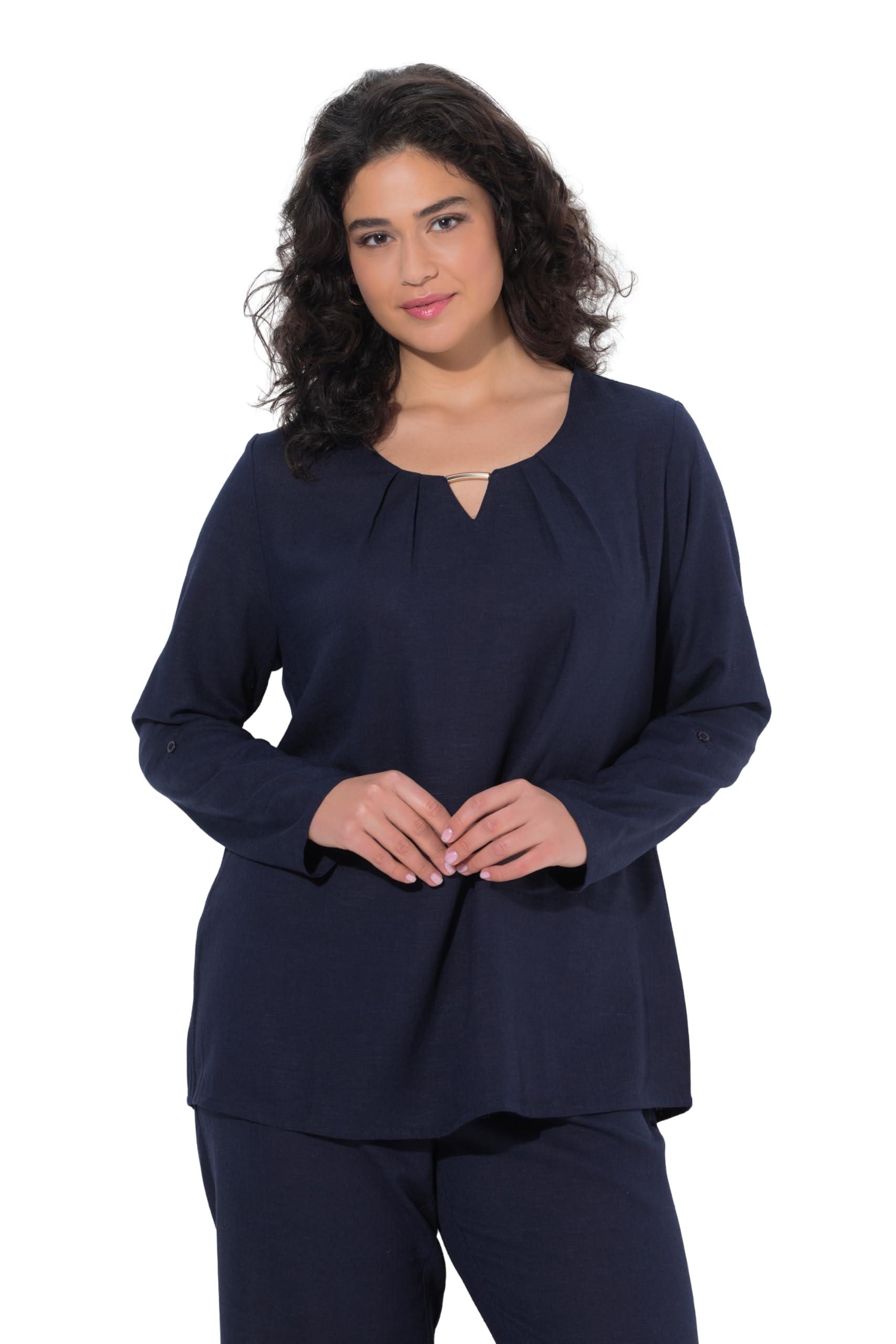 Ulla Popken Damen große Größen Übergrößen Plus Size Bluse, Leinenmix, Zierspange, Rundhals, 3/4-Arm 849542