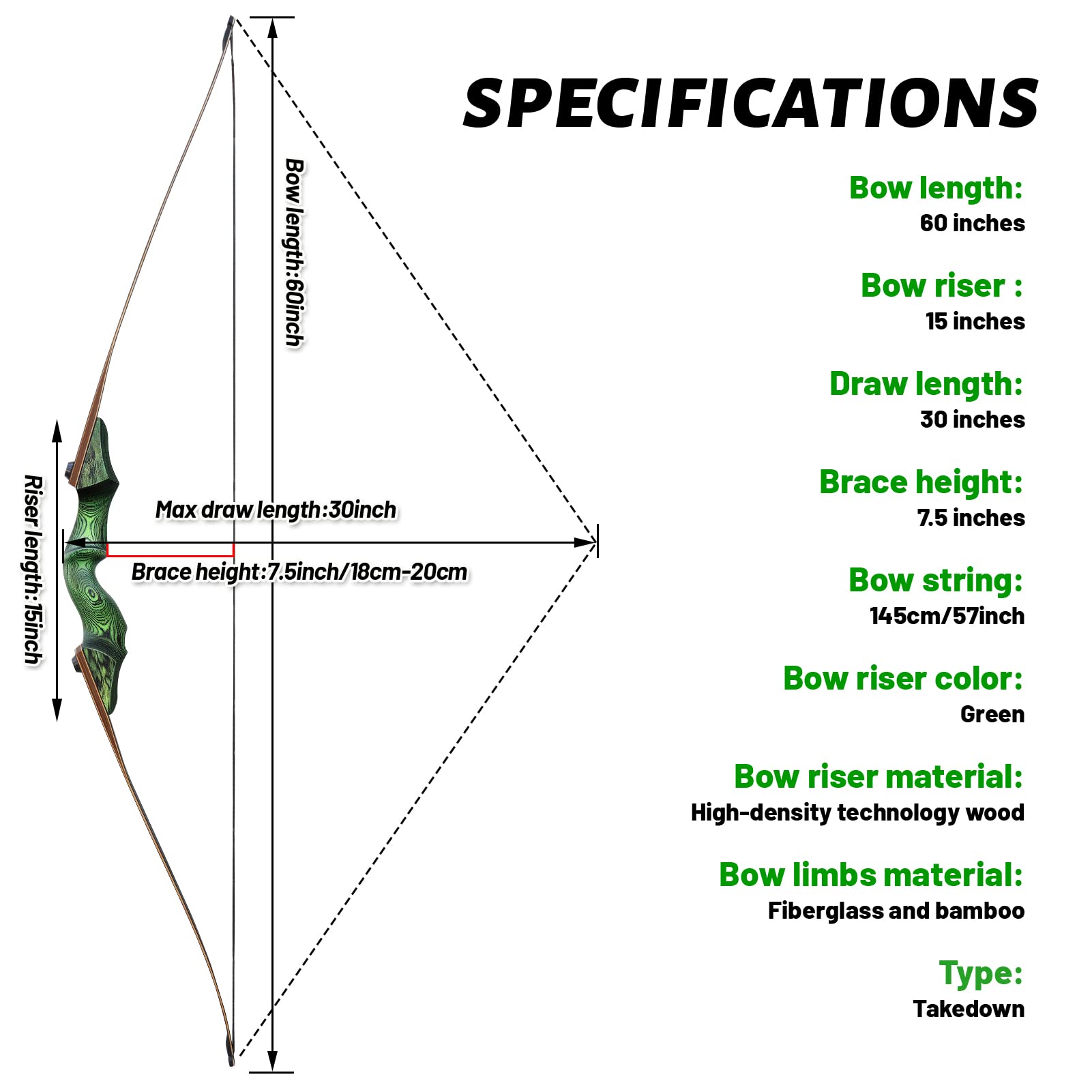 60 Inch Black Hunter Longbow 20-60 Lbs Archery Bow Takedown Bow and Arrow Set with Extra Bowstring for Adults and Beginners Hunting Right Hand Green (25LBS)