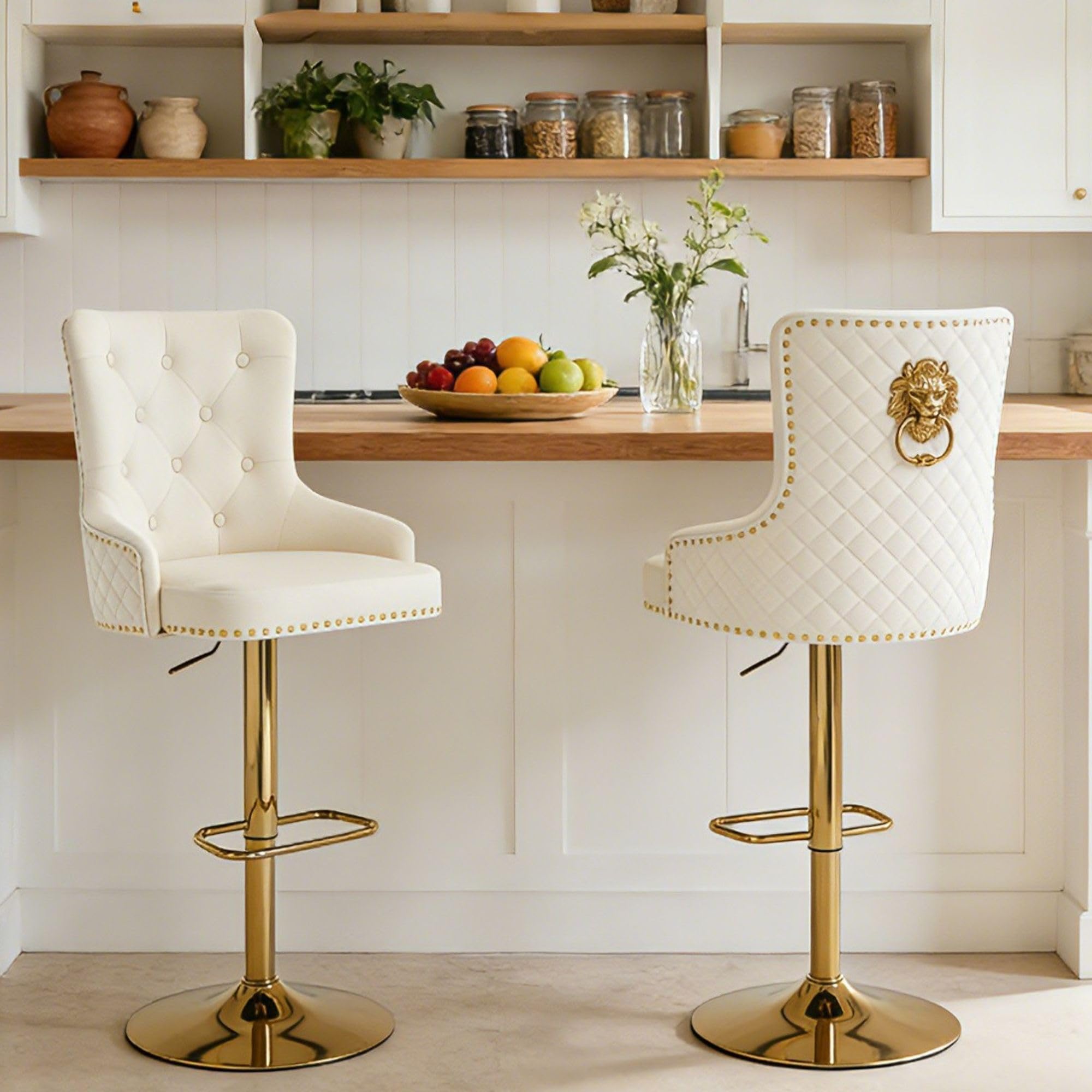 Chummaven Velvet Gold Barstools Set of 2, Modern Counter Height Adjustable Swivel Stools Chairs with High Tufted Backrest Golden Base Lion Head Pull