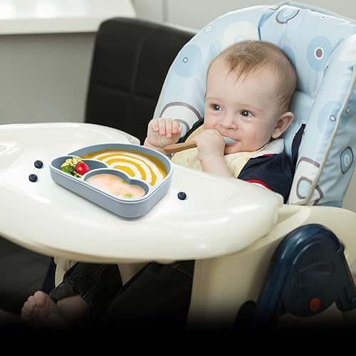 Miniatura 6 de Platos para bebé con succión, platos de alimentación para niños pequeños, 3 diseños de arco iris divididos, juego de cubiertos de cuchara para