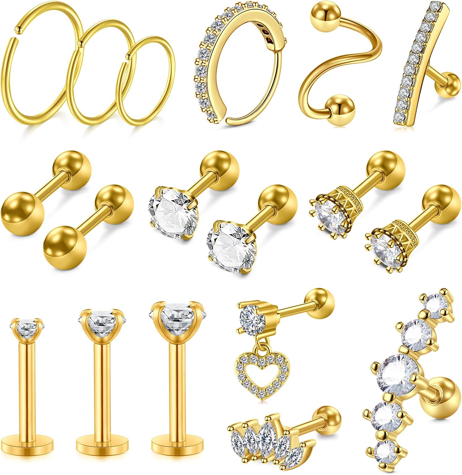 20g 16g Cartilage Earrings for Women Silver Gold Helix Piercing Jewelry Surgical Steel Hypoallergenic Flat Back Earrings Cartilage Hoop for Women Forward Helix Earring Tragus Jewelry Screw Back