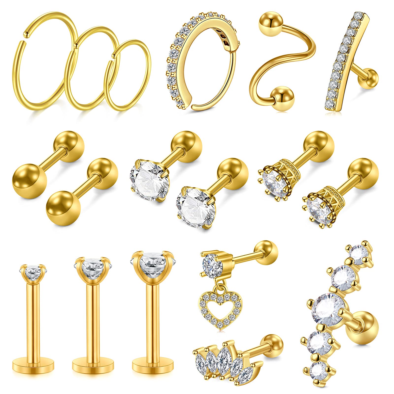 MODRSA Gold Cartilage Earring Silver Cartilage Piercing Jewelry 16g Helix Piercing Jewelry Cartilage Hoop Earring Helix Earrings Silver Cartilage Earring Stud 16 Gauge Cartilage Earrings for Women