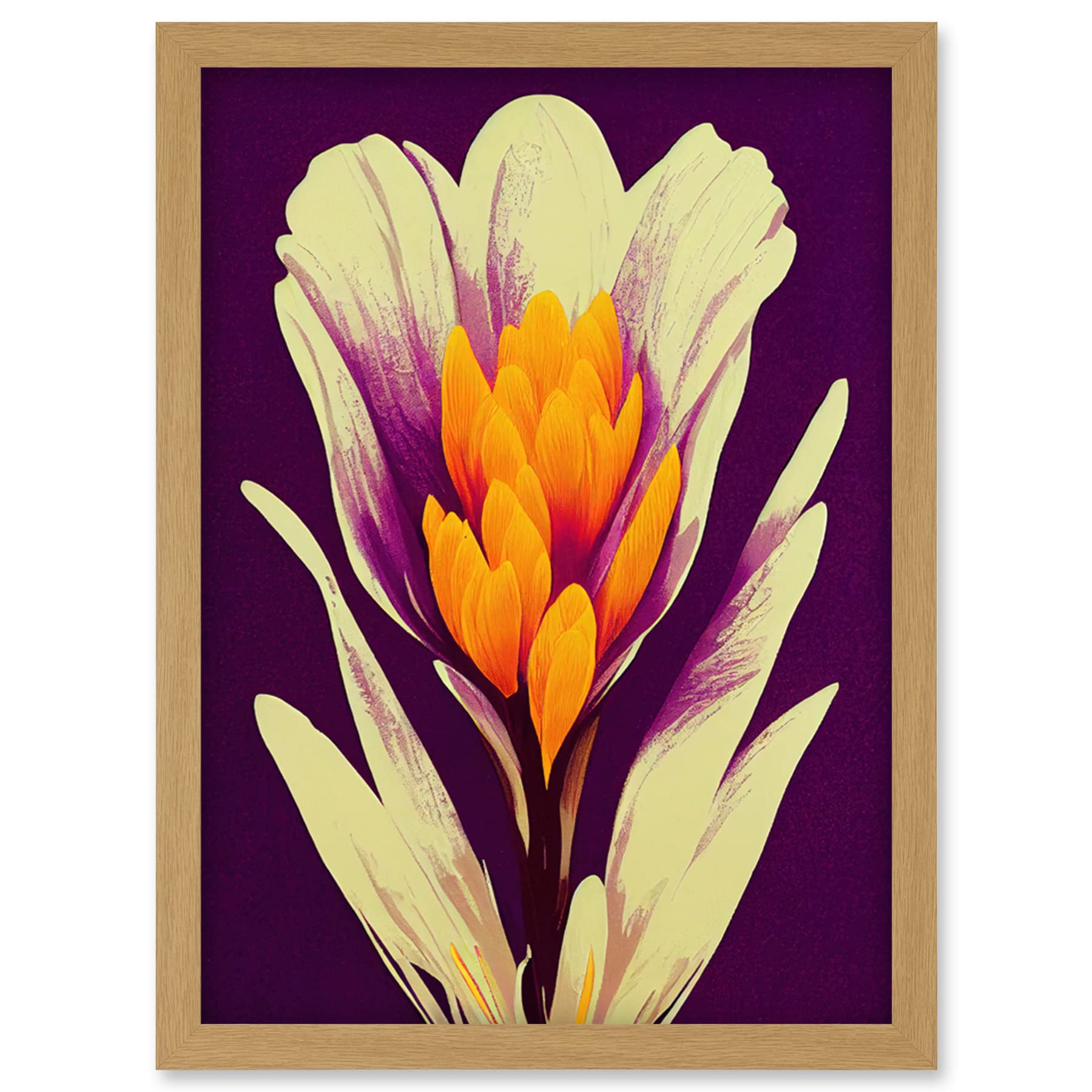 Artery8 Framed Wall Art Print A4 - Vibrant Saffron Crocus Flower Abstract - Violet Orange Cream