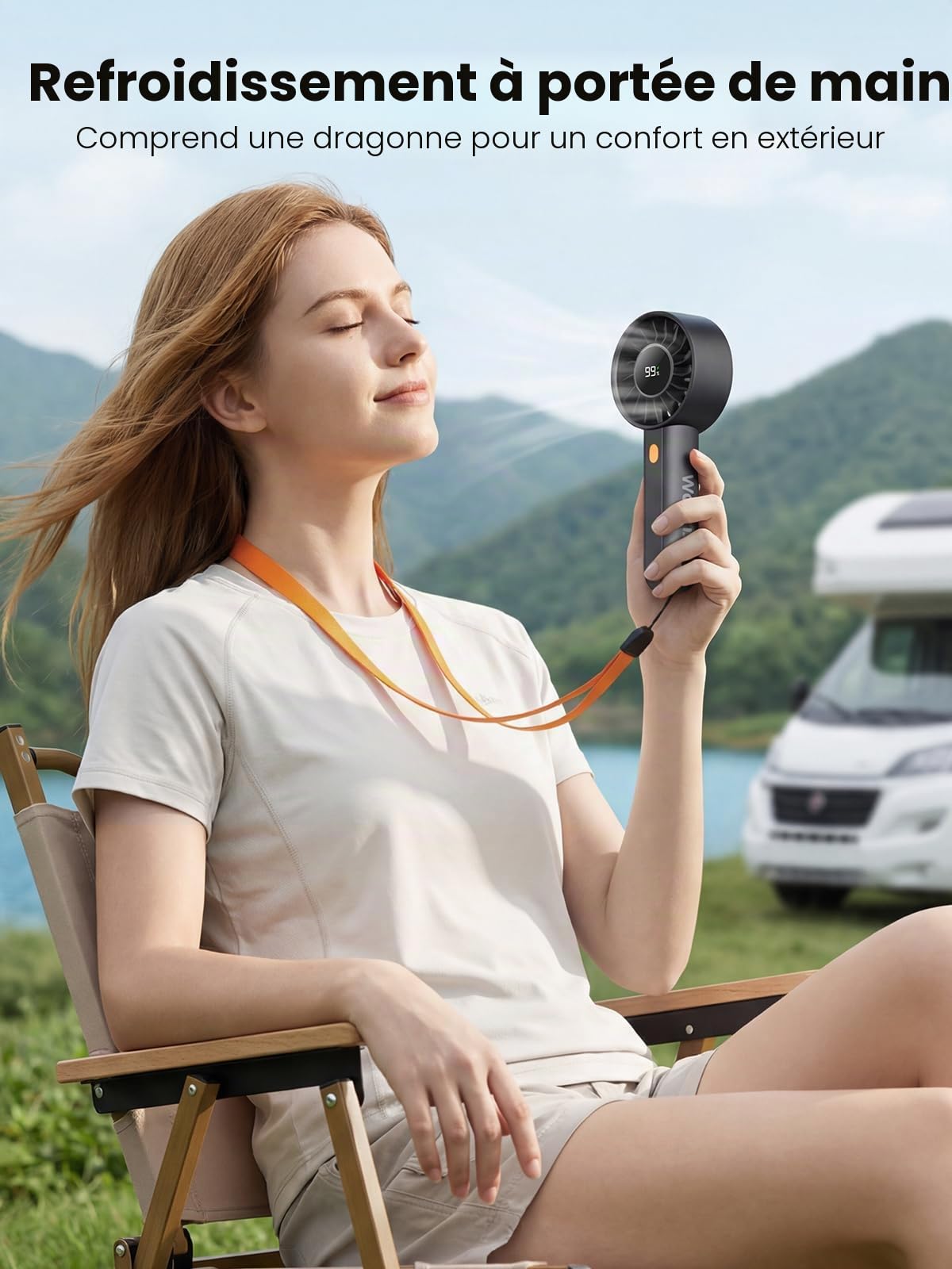 Warmco Ventilateur turbo portable 5000 mAh (jusqu'à 15 h d'autonomie), mini ventilateur personnel à 4 vitesses avec base et cordon, écran LED intelligent, rechargeable par USB, format de poche pour