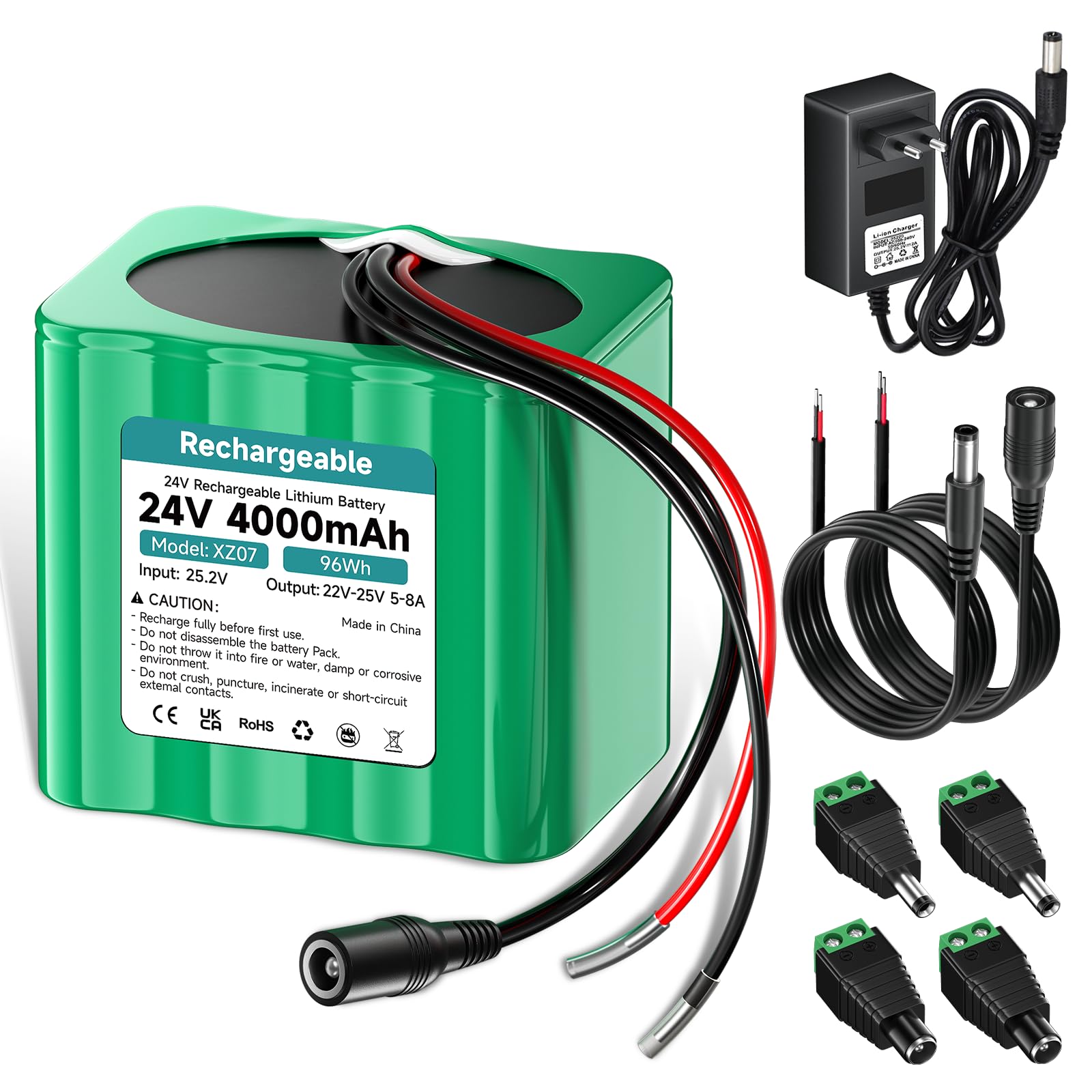 24V Akku 4000MAH Lithium wiederaufladbar Akku Mit Ladegerät & Steckeradapter & Verbindungslinie, für 24V -Geräte, DIY/Spielzugboot/Spielzeugauto Stromversorgung