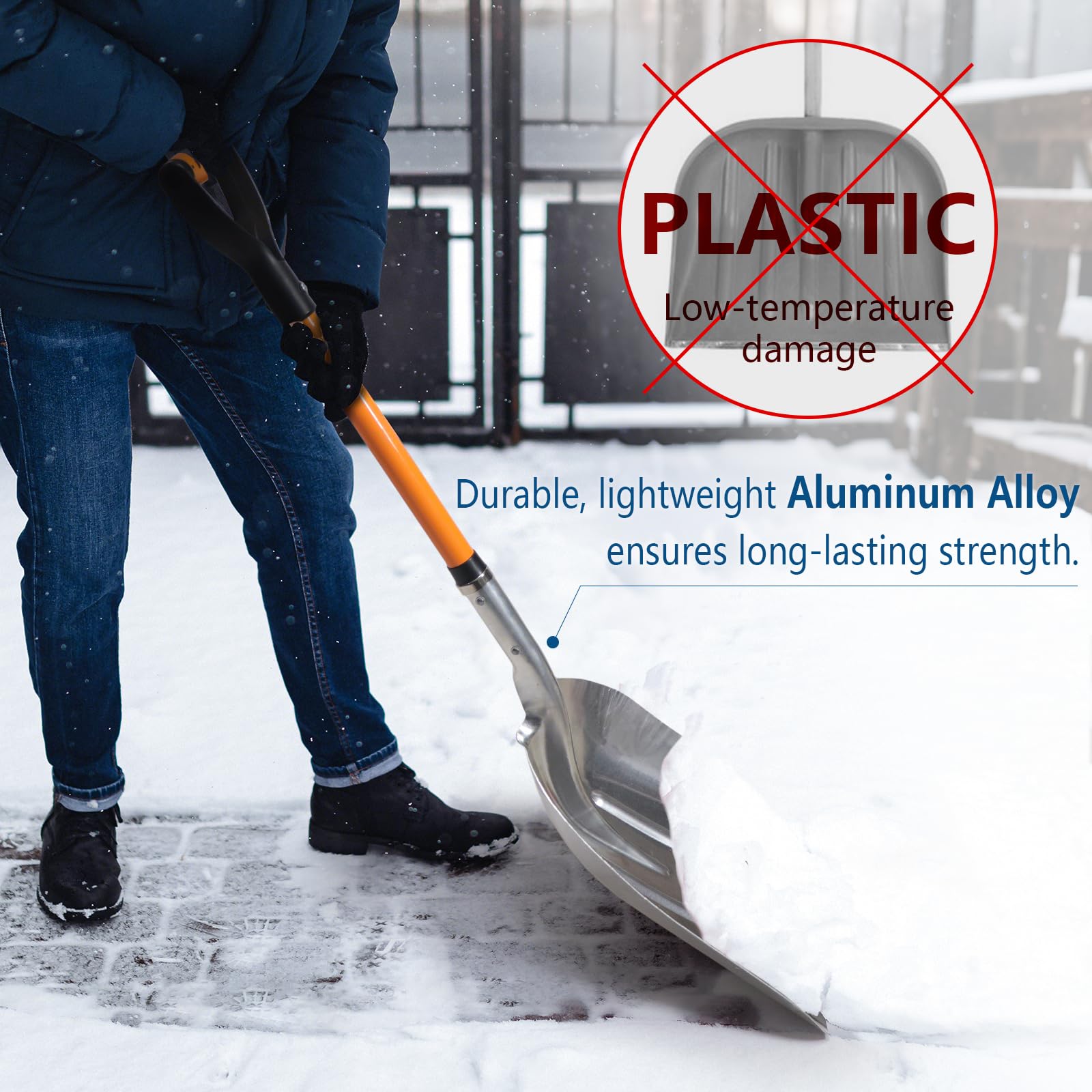 VNIMTI Pala de Nieve de Aluminio con Mango en D, Pala de Nieve de Metal para Entrada, Pala de Transferencia de 45 Pulgadas, 1.7 kg, Pala de Transferencia para jardinería, Color Amarillo