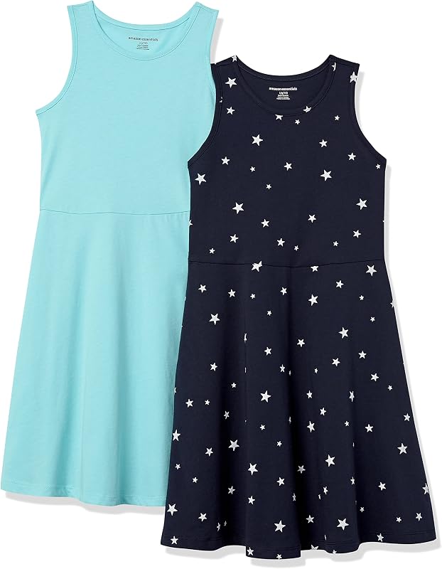 Amazon Essentials Vestido de punto sin mangas, ajustado y acampanado, para niñas y niños pequeños, paquete de 2