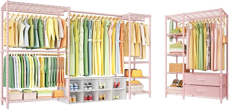 Ulif E10 With Stretchable Hanger Rod and F3 With Fabric Drawers clothes Rack, Freestanding Clothing Racks for Hanging Clothes,Adjustable Closet Organizer System,Portable Garment Rack