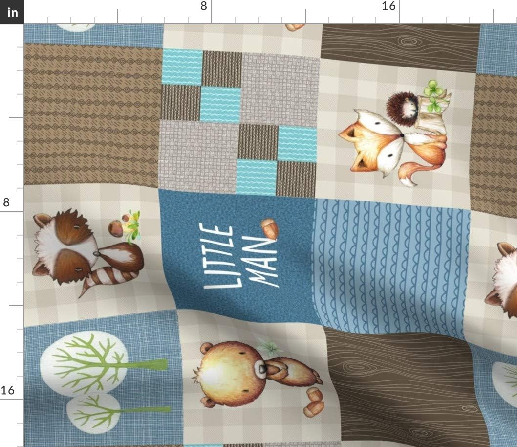 Spoonflower Fabric - Woodland Little Man Patchwork Quilt Bear Raccoon Fox Cream Blue Brown Printed on Petal Signature Cotton Fabric by The Yard - Sewing Quilting Apparel Crafts Decor