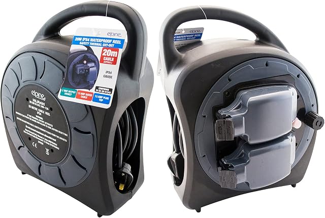 NTI 20M ELPINE 2 Way Water Proof IP54 Grade Cable Extension Reel HD Lead Gang Mains Electrical SOCKETS Home Office Work Industrial DIY Safety Thermal Cut-Out UK Free P&P, Black & Grey
