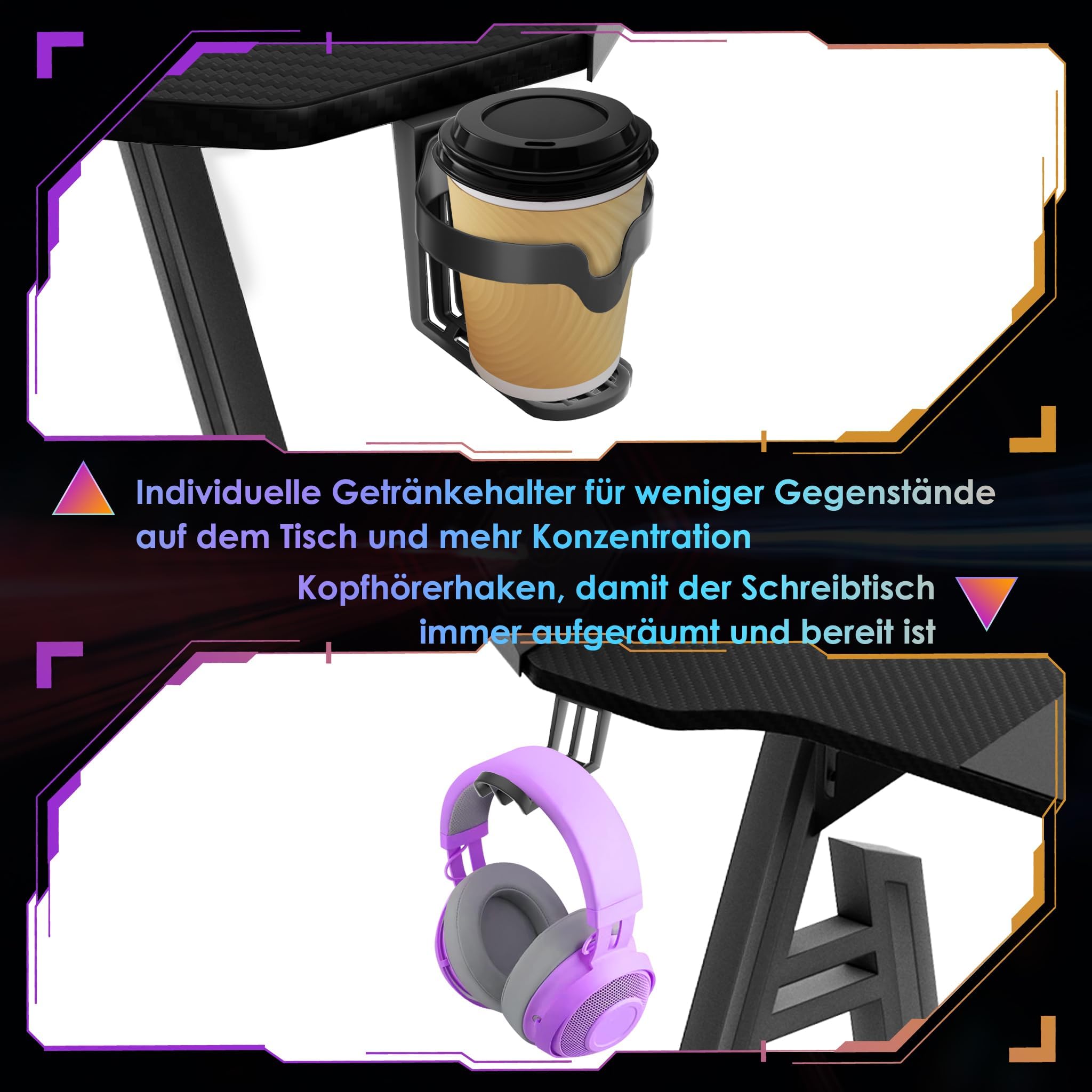 ACXIN Gaming Tisch – Gamer Schreibtisch 140 x 60cm, A-förmiges Design, RGB LED-Beleuchtung, Kohlefaseroberfläche, Ergonomischer Eckschreibtisch mit Getränkehalter und Kopfhörerhaken