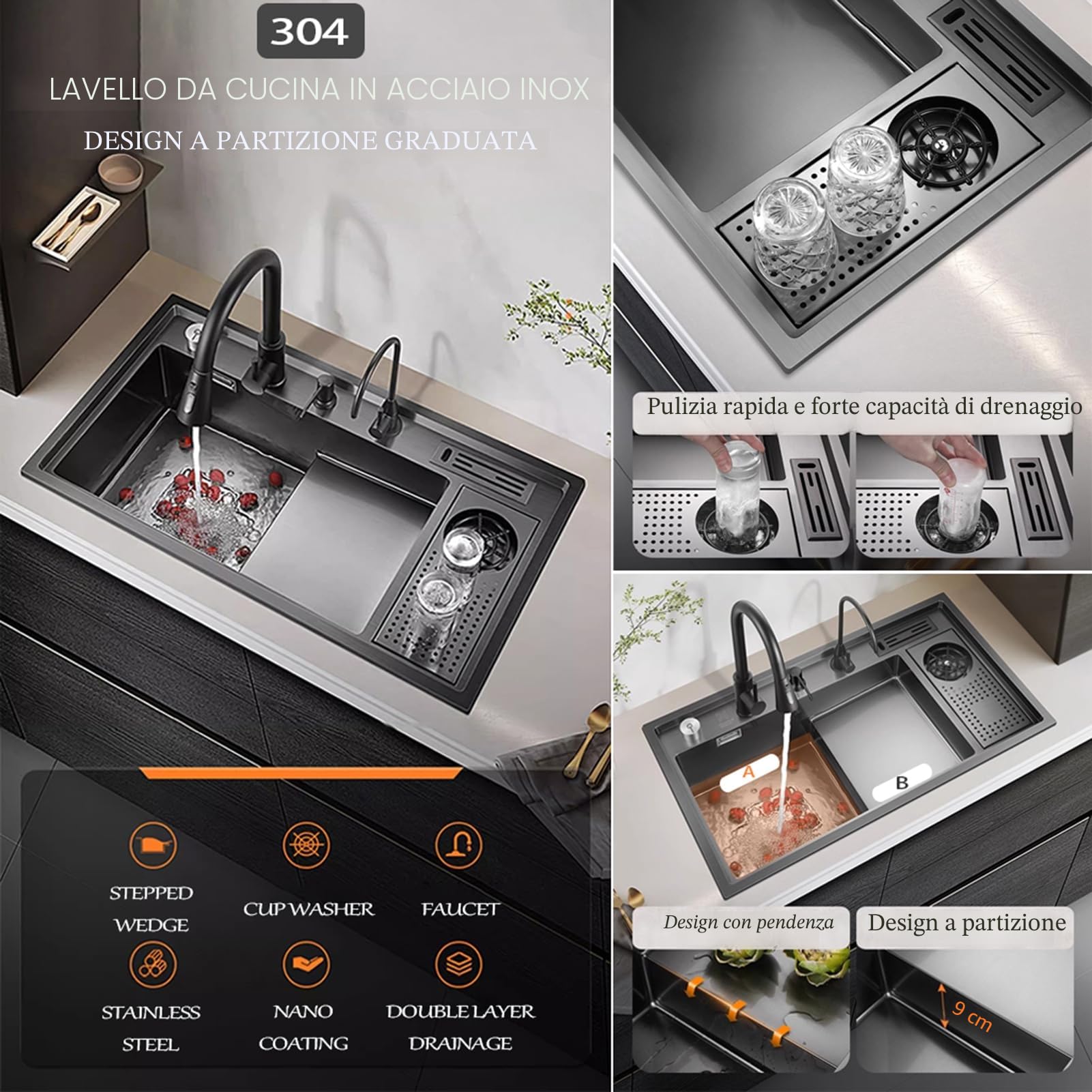 Lavello da cucina, 86 x 50 cm, 1 vasca, con gradino, lavello nano nero, in acciaio inox, multifunzione, con rubinetto da cucina estensibile 3 in 1, dispenser di sapone, sifone, pulsante di controllo